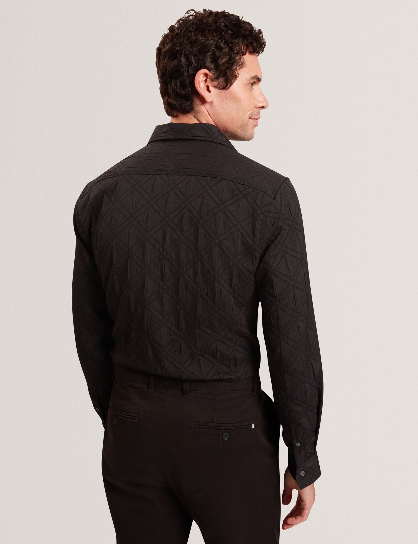 Ted Baker FYNRAN Diamond Check Crinkled Long Sleeve Shirt BLACK