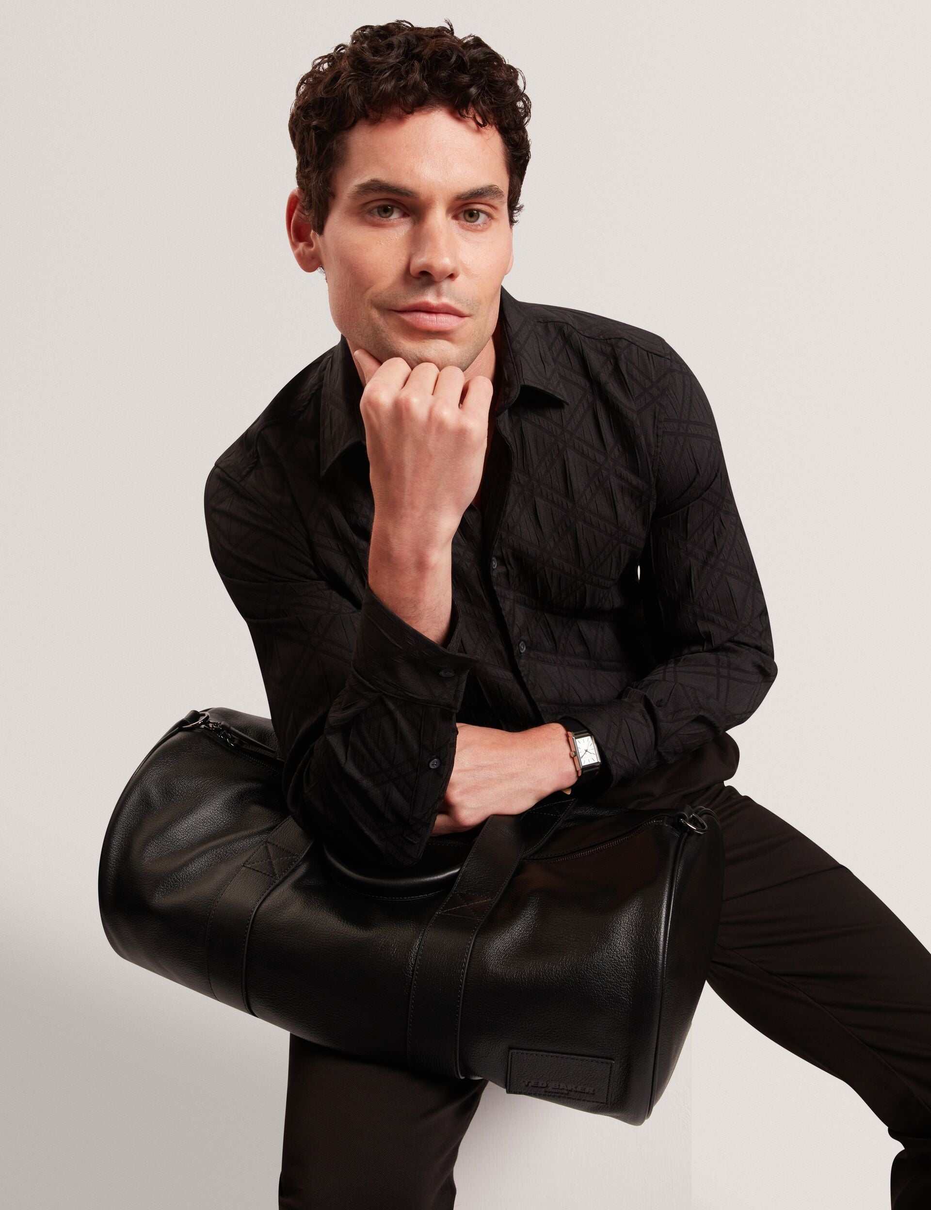 Ted Baker FYNRAN Diamond Check Crinkled Long Sleeve Shirt BLACK