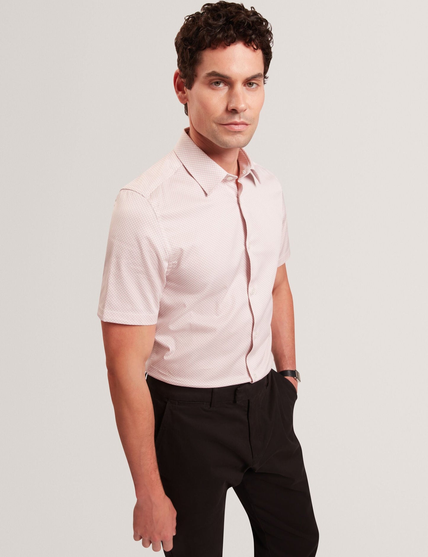 Ted Baker ROMMANN Micro Geo Print Slim Short Sleeve Shirt LIGHT PINK