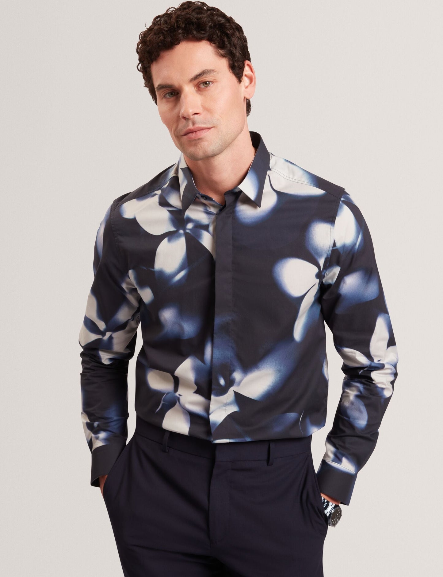 Ted Baker WRENIN Photographic Floral Print Long Sleeve Shirt NAVY