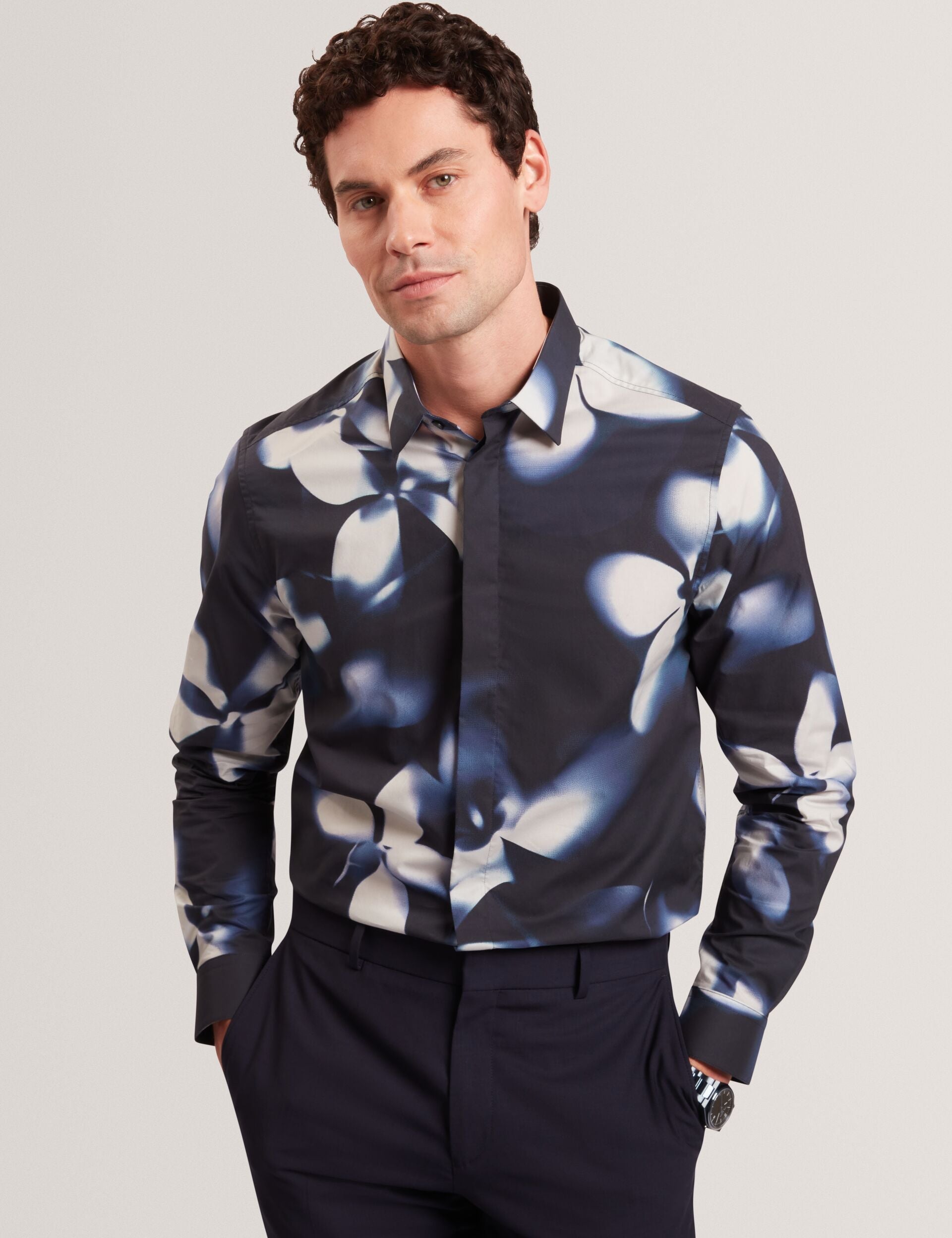 Ted Baker WRENIN Photographic Floral Print Long Sleeve Shirt NAVY