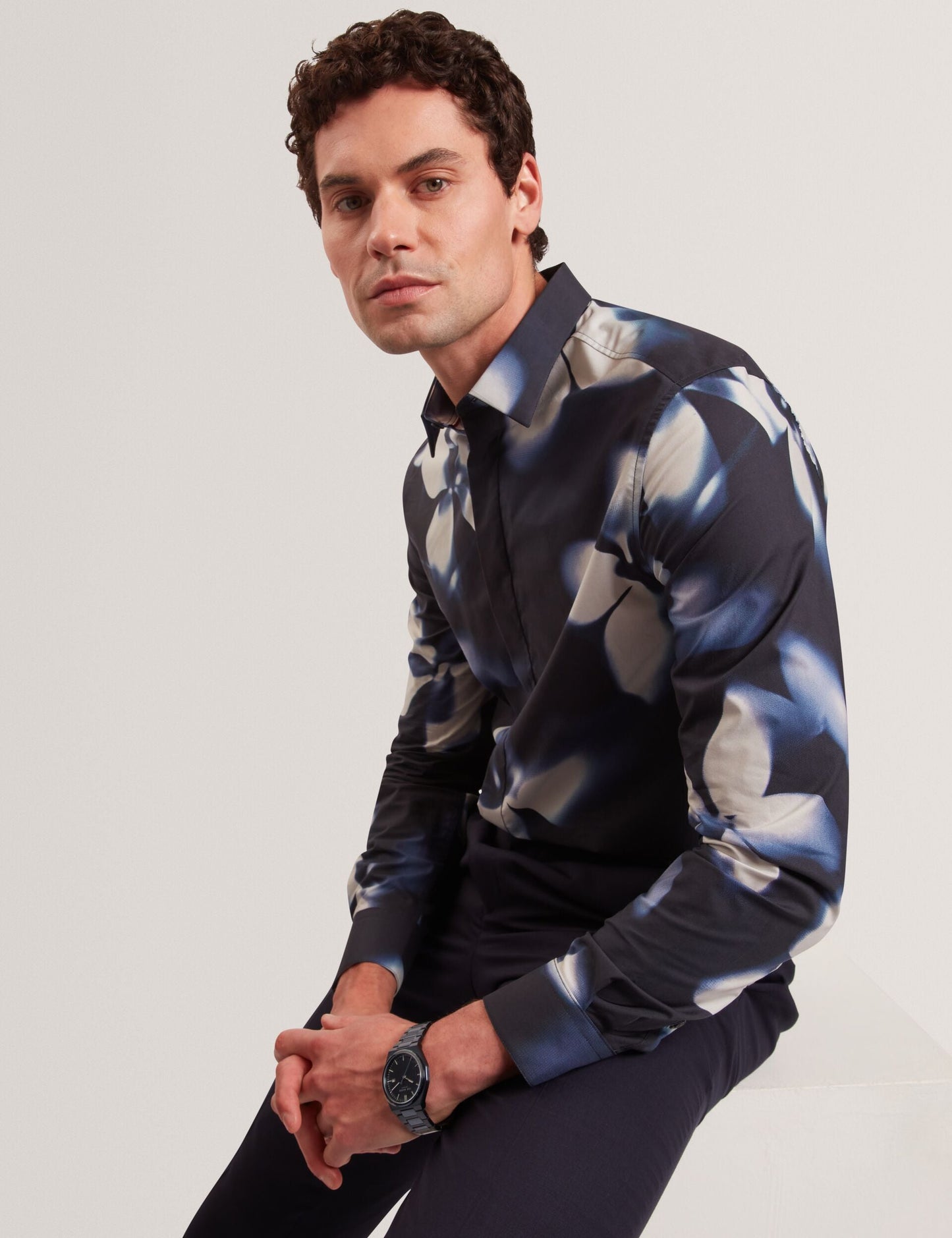 Ted Baker WRENIN Photographic Floral Print Long Sleeve Shirt NAVY