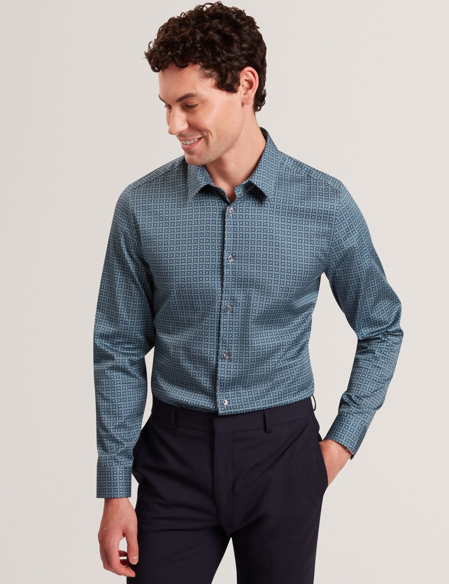 Ted Baker CAYLAXE Slim Fit Geo Print Cotton Blend Shirt NAVY