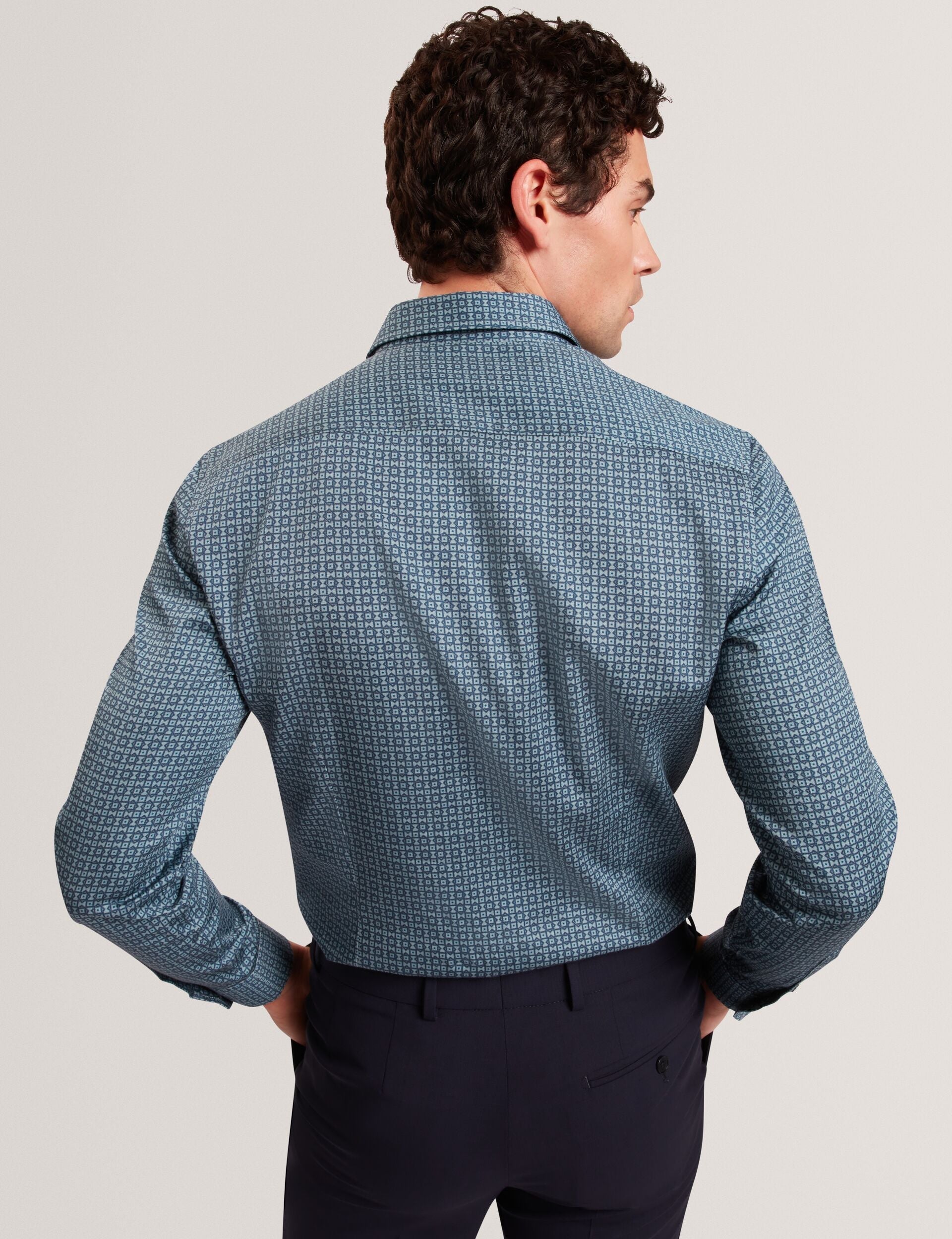 Ted Baker CAYLAXE Slim Fit Geo Print Cotton Blend Shirt NAVY