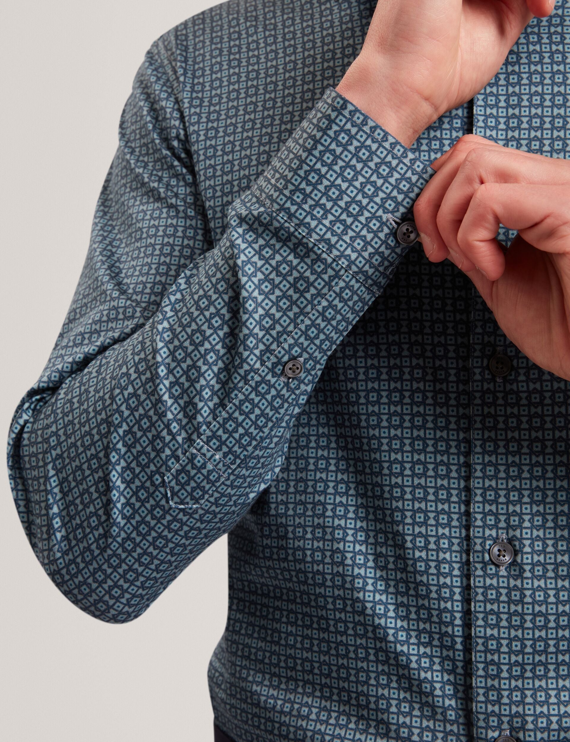 Ted Baker CAYLAXE Slim Fit Geo Print Cotton Blend Shirt NAVY