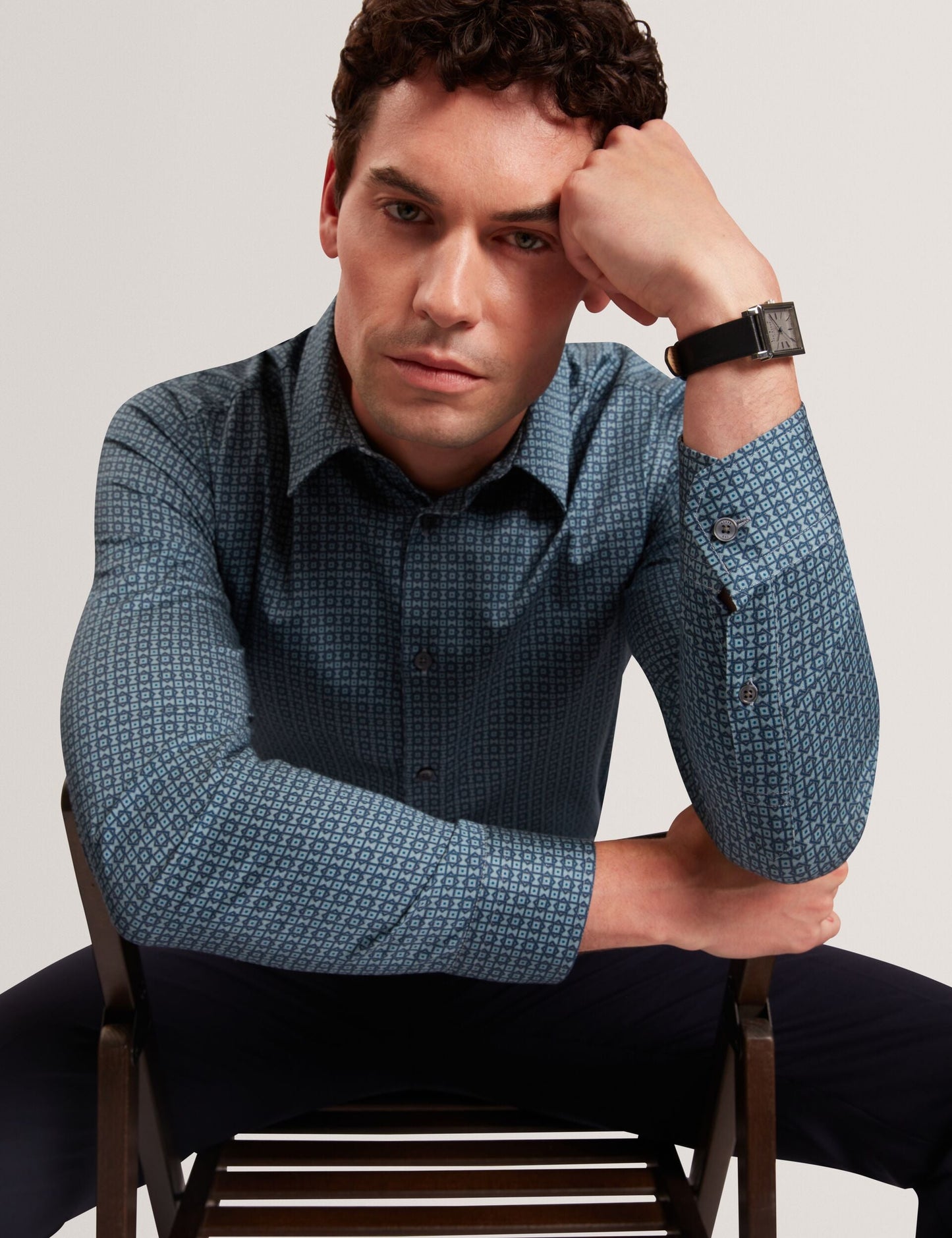 Ted Baker CAYLAXE Slim Fit Geo Print Cotton Blend Shirt NAVY