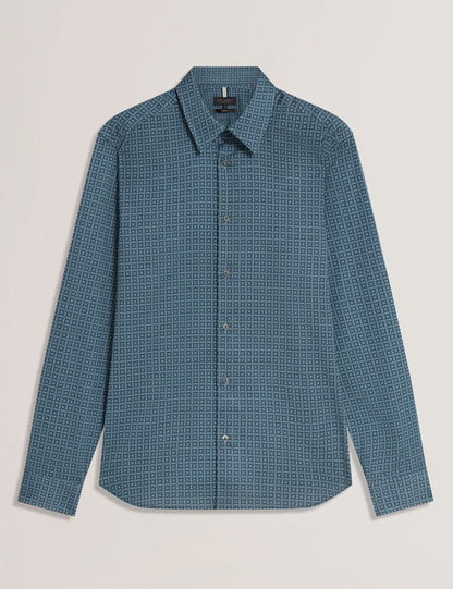 Ted Baker CAYLAXE Slim Fit Geo Print Cotton Blend Shirt NAVY