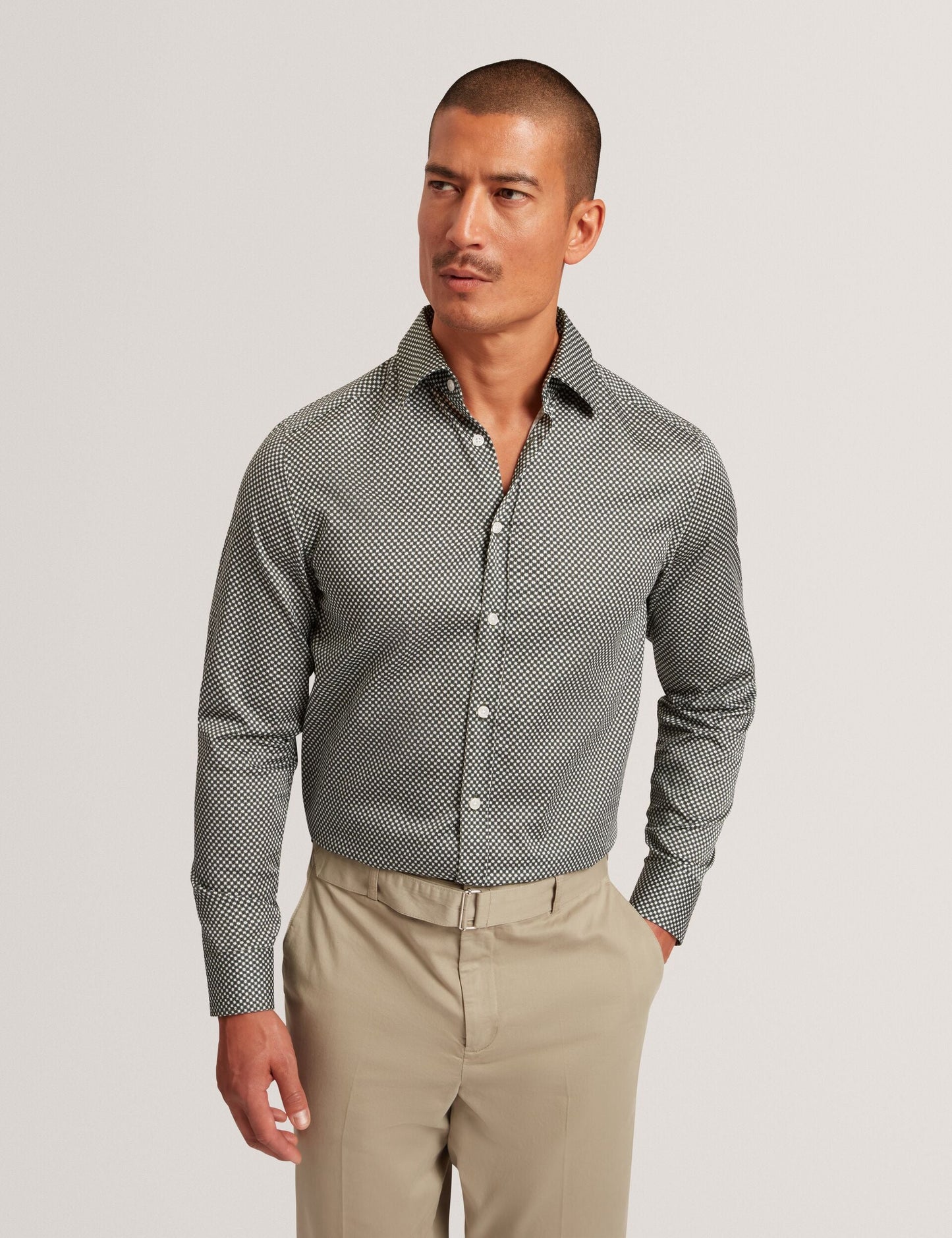 Ted Baker JOZEF Slim Fit Micro Geometric Print Shirt KHAKI