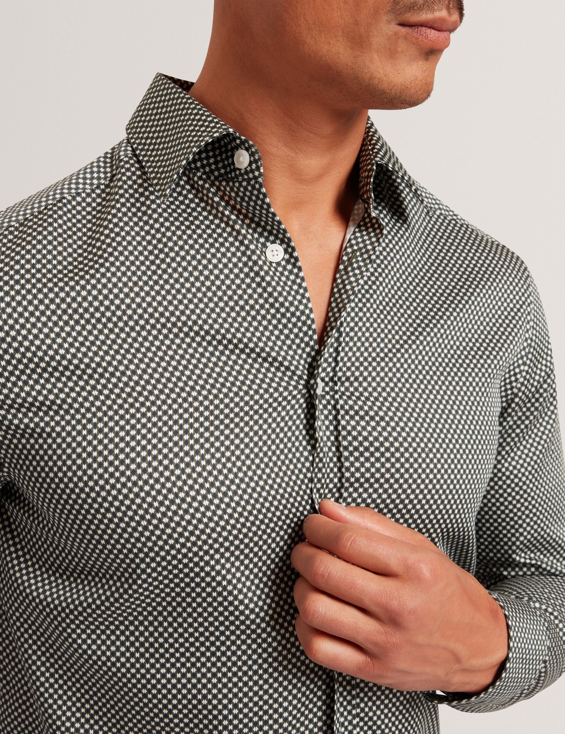 Ted Baker JOZEF Slim Fit Micro Geometric Print Shirt KHAKI