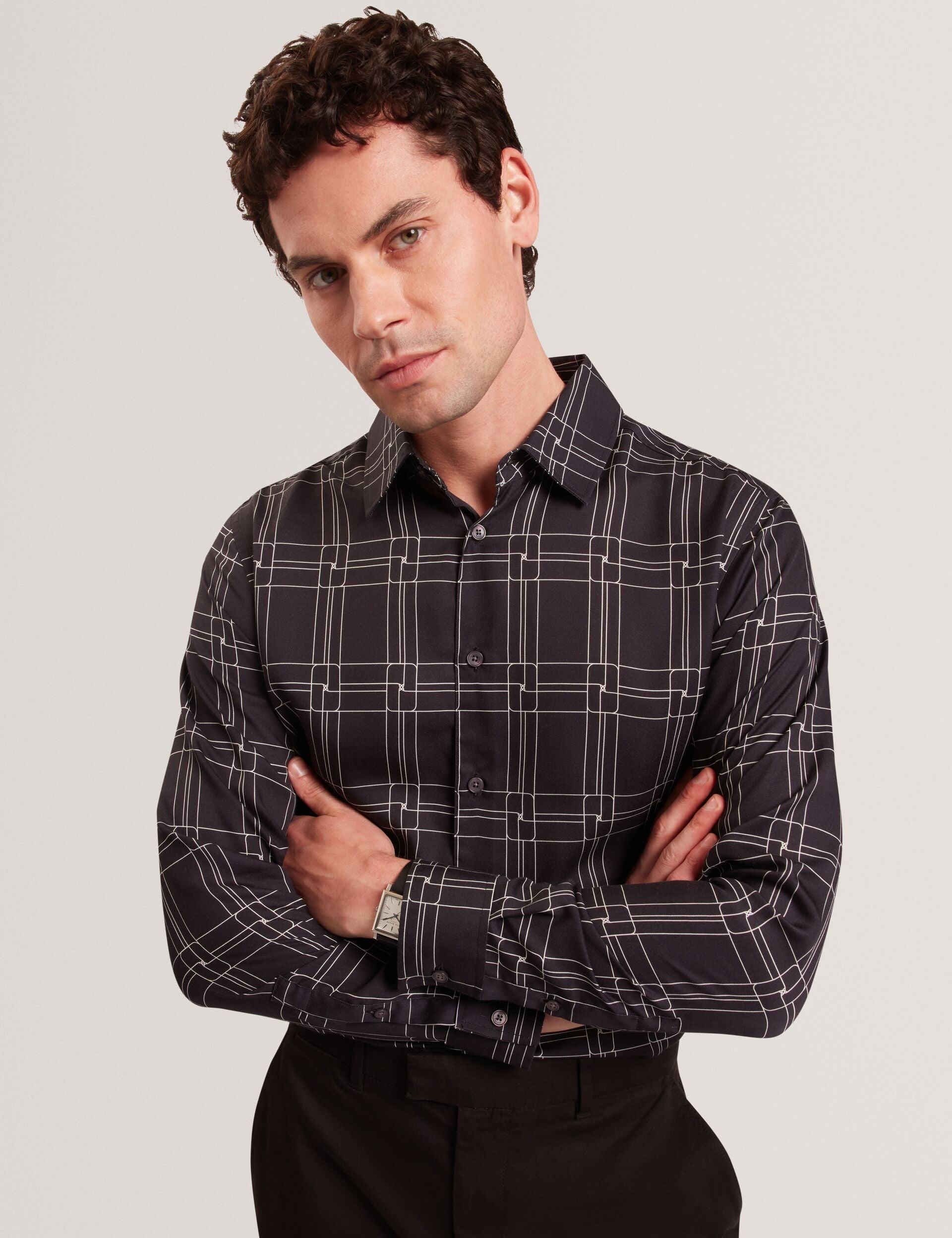 Ted Baker LIRRA Retro Check Print Long Sleeve Shirt BLACK