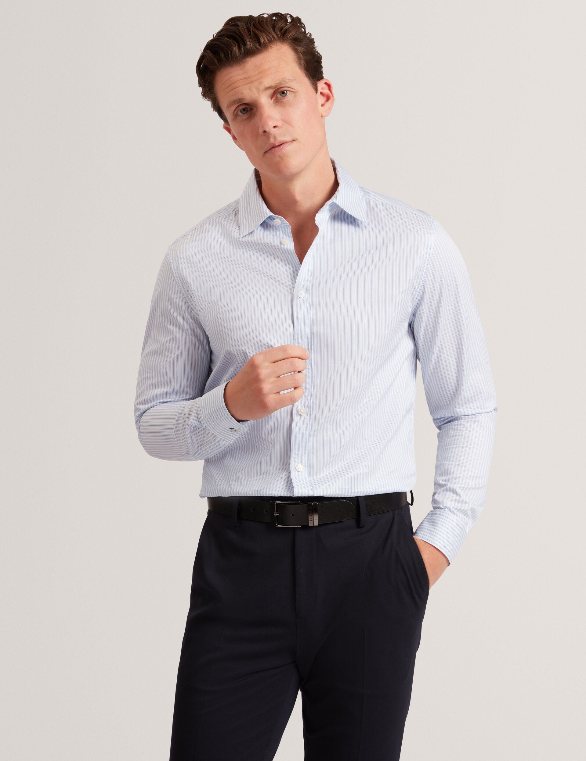 Ted Baker SOHOE Striped Cotton Long Sleeve Shirt LIGHT BLUE