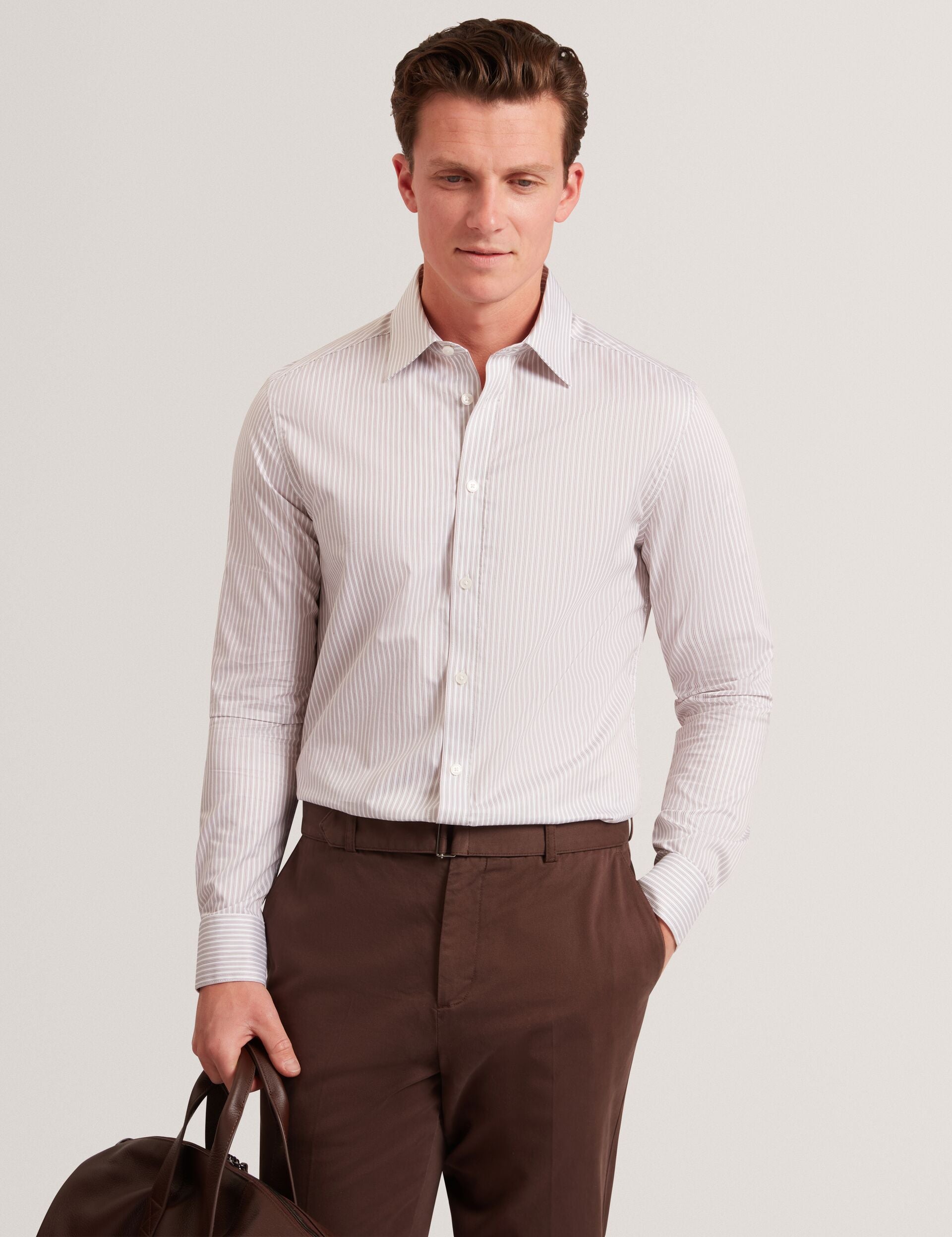 Ted Baker SOHOE Striped Cotton Long Sleeve Shirt TAUPE