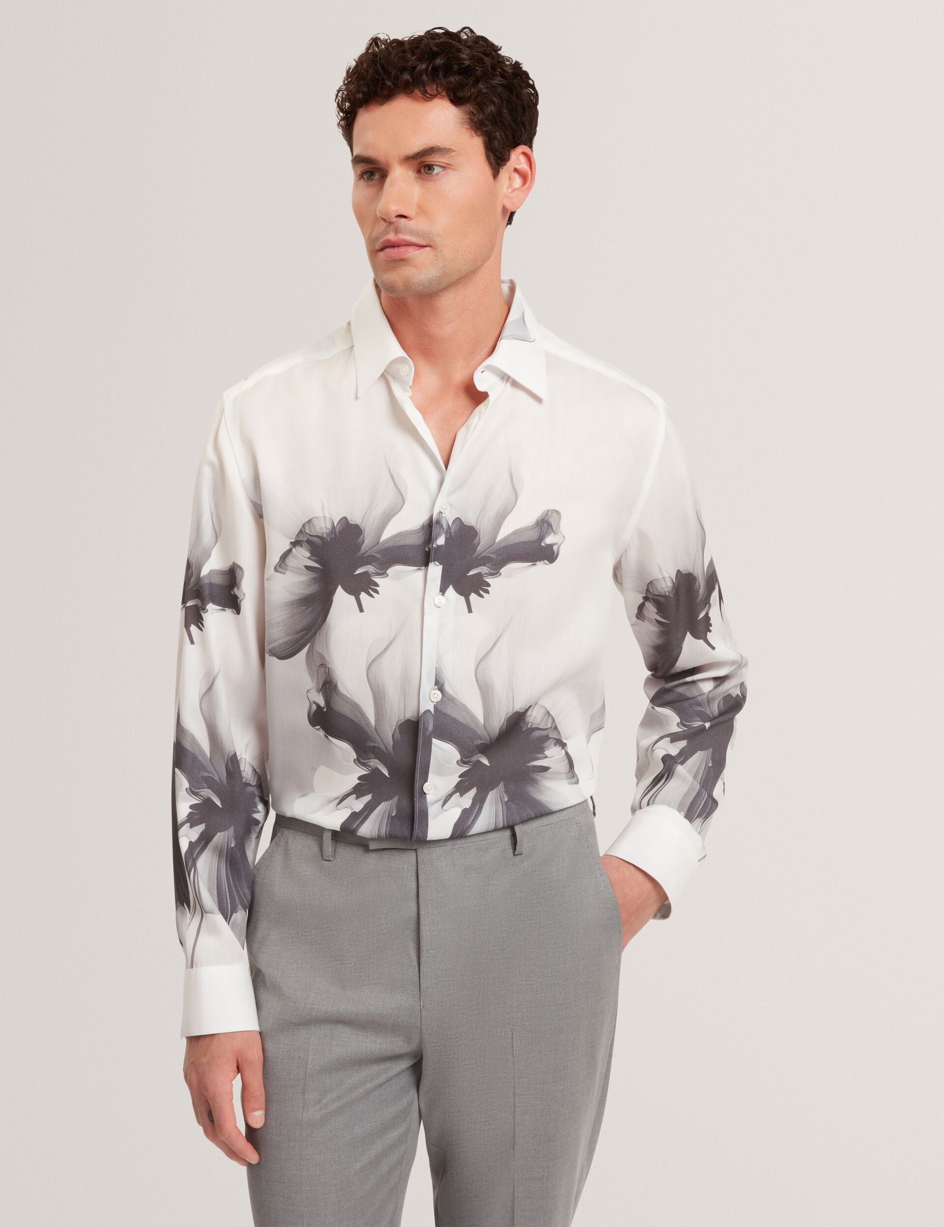 Ted Baker AMUND Monochrome Floral Long Sleeve Shirt WHITE