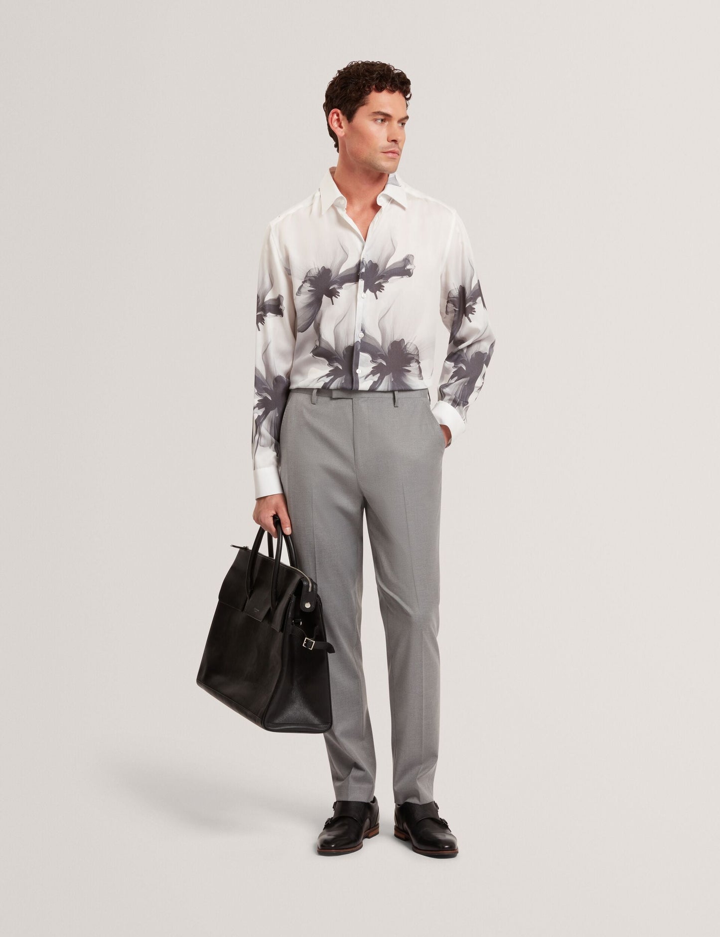 Ted Baker AMUND Monochrome Floral Long Sleeve Shirt WHITE
