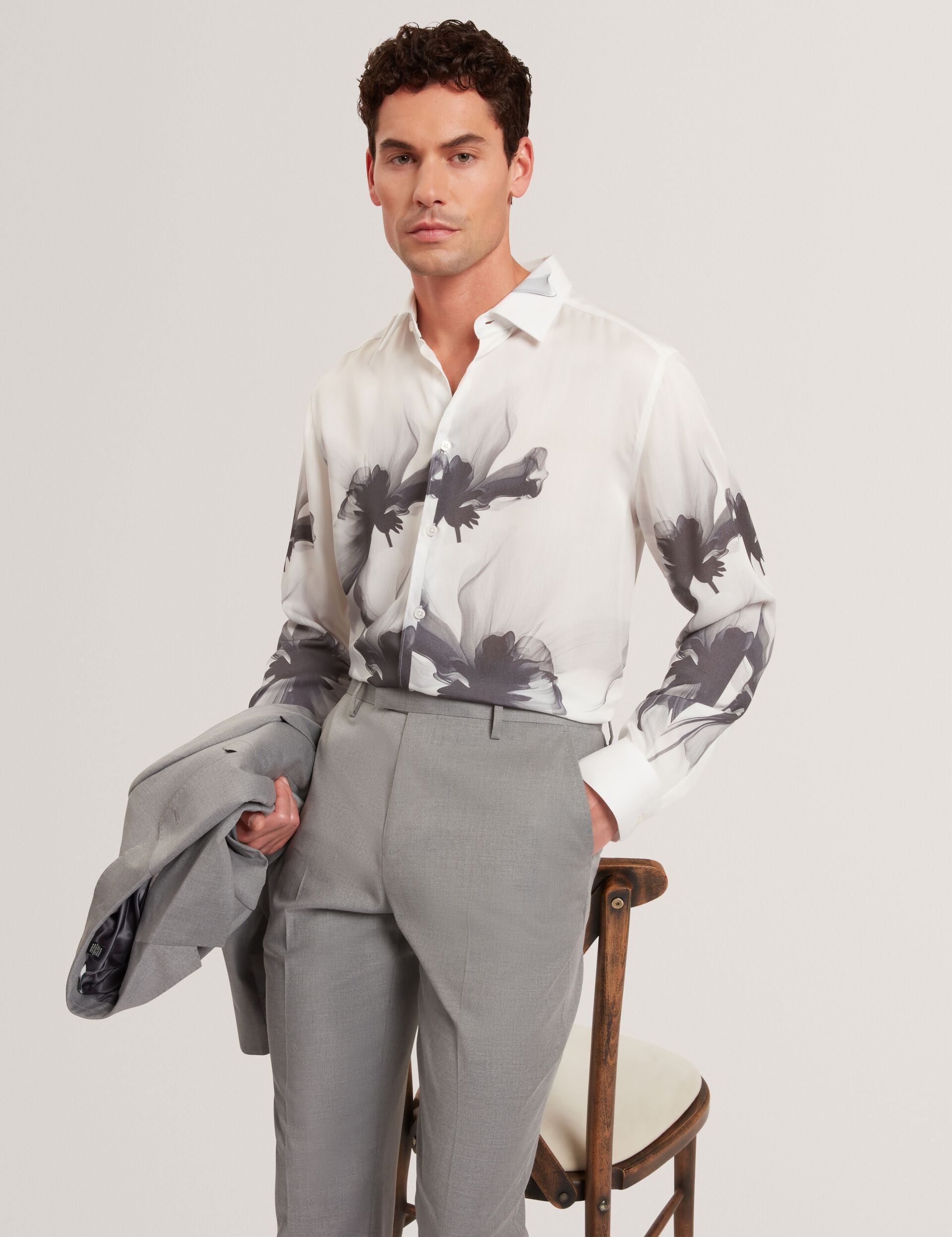 Ted Baker AMUND Monochrome Floral Long Sleeve Shirt WHITE