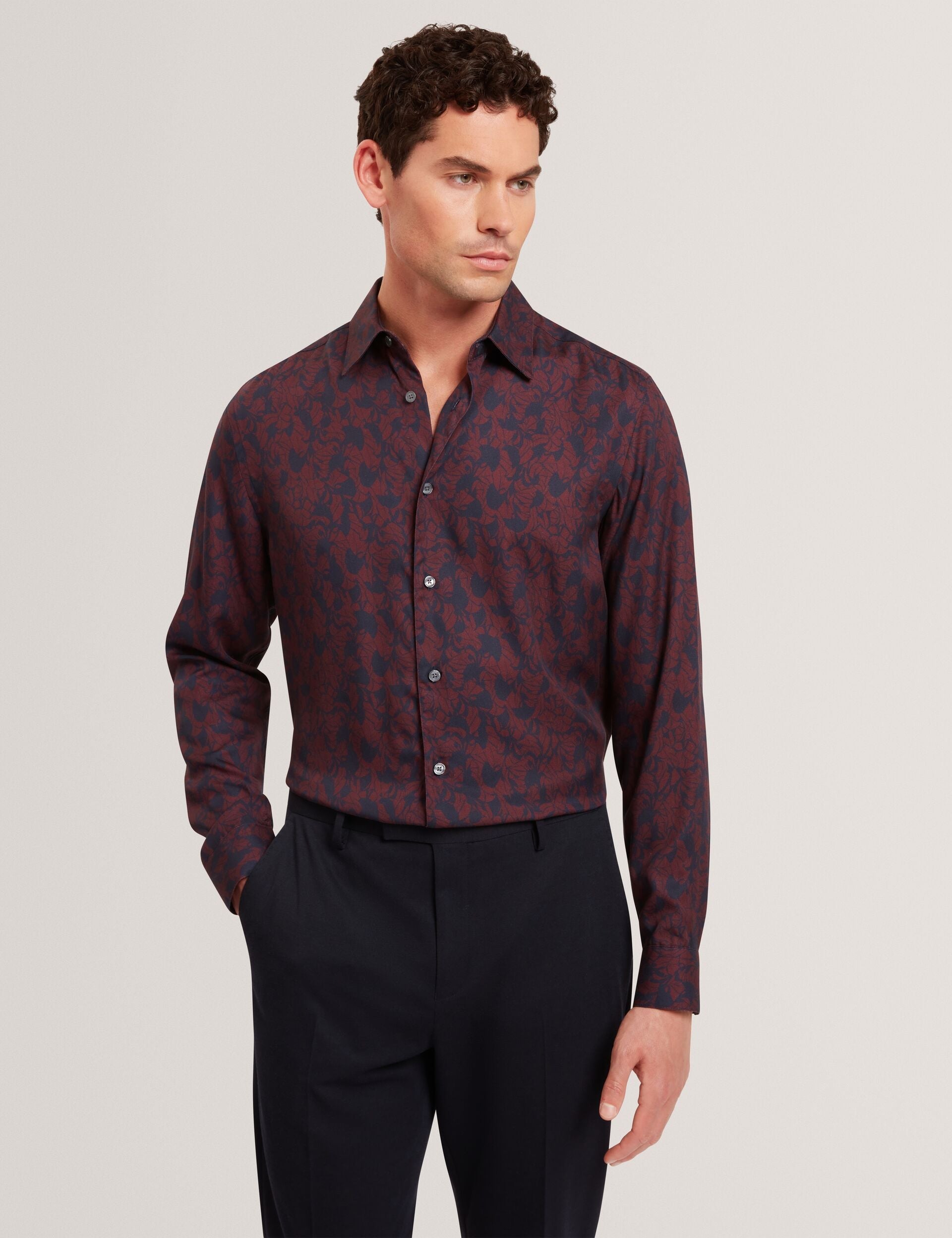 Ted Baker AKSELLE Dark Floral Print Woven Shirt MAROON