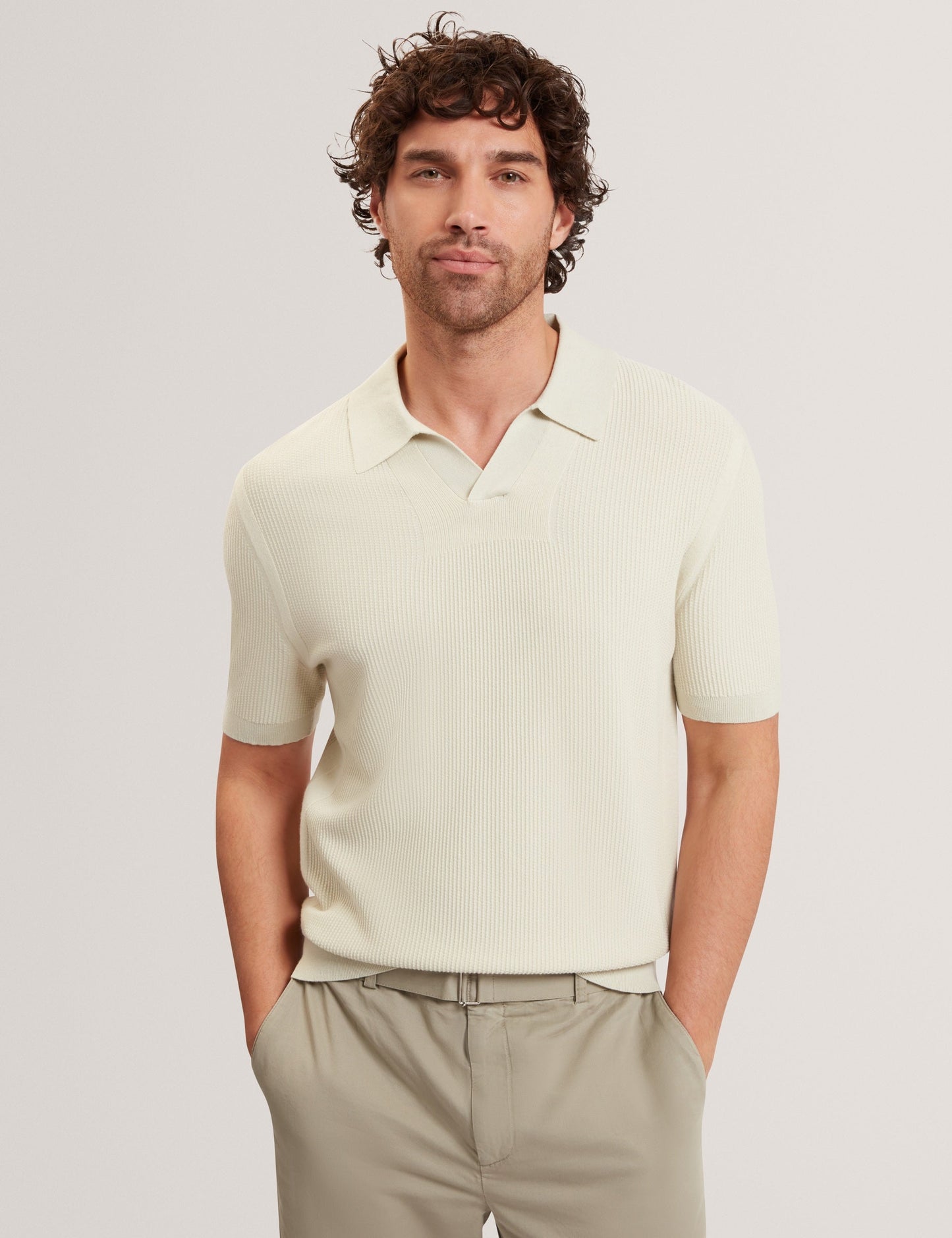 Ted Baker AINDREA Stitched Rib Open Neck Polo Shirt PALE GREEN