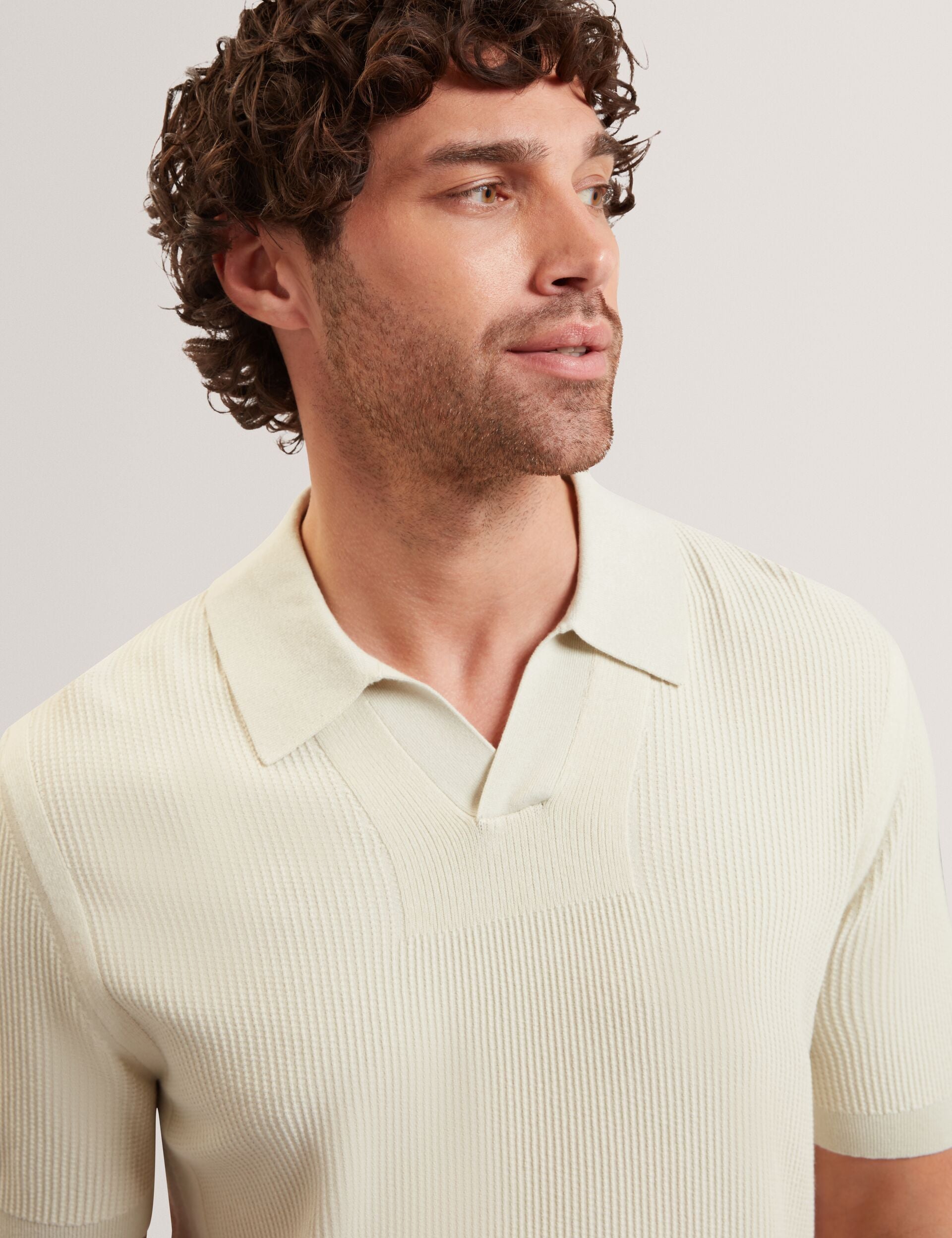 Ted Baker AINDREA Stitched Rib Open Neck Polo Shirt PALE GREEN