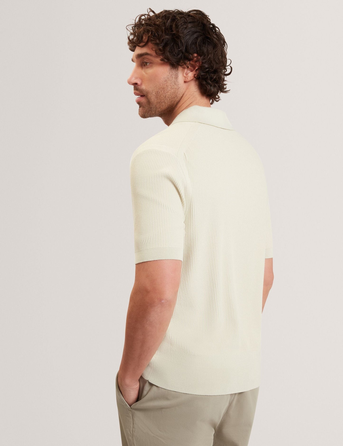 Ted Baker AINDREA Stitched Rib Open Neck Polo Shirt PALE GREEN