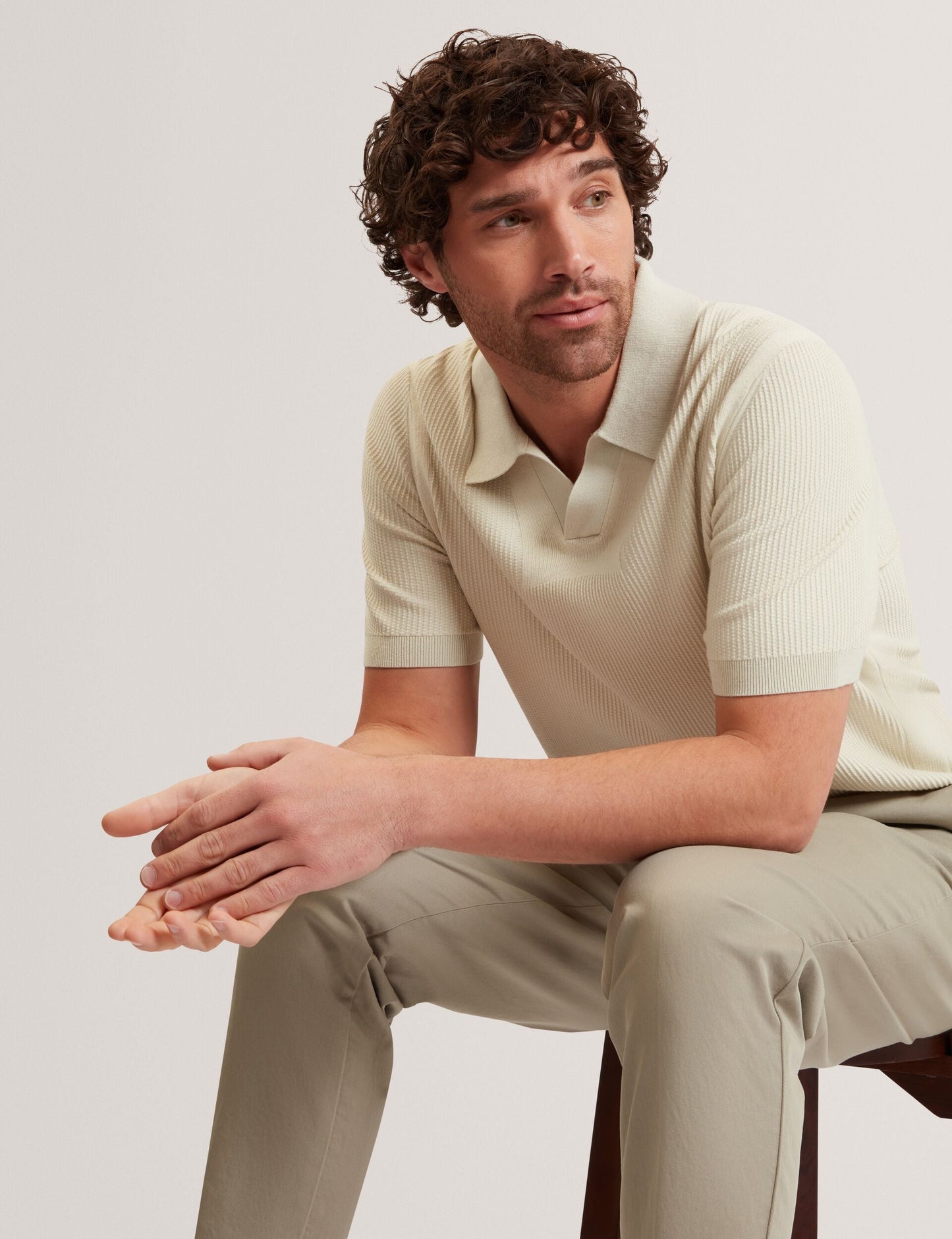 Ted Baker AINDREA Stitched Rib Open Neck Polo Shirt PALE GREEN