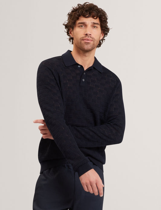 Ted Baker OSAKA Basket Texture Silk Blend Long Sleeve Polo NAVY