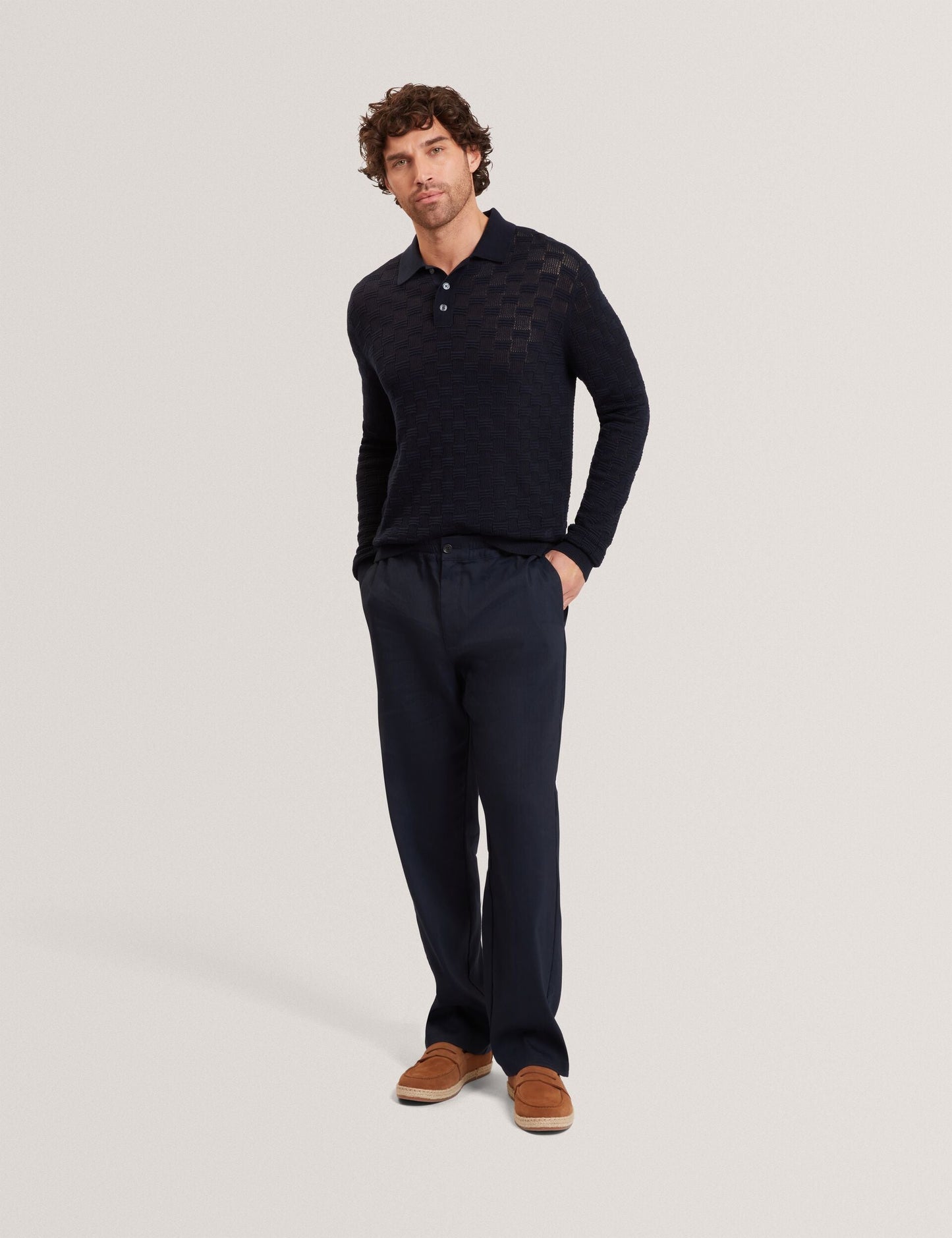 Ted Baker OSAKA Basket Texture Silk Blend Long Sleeve Polo NAVY