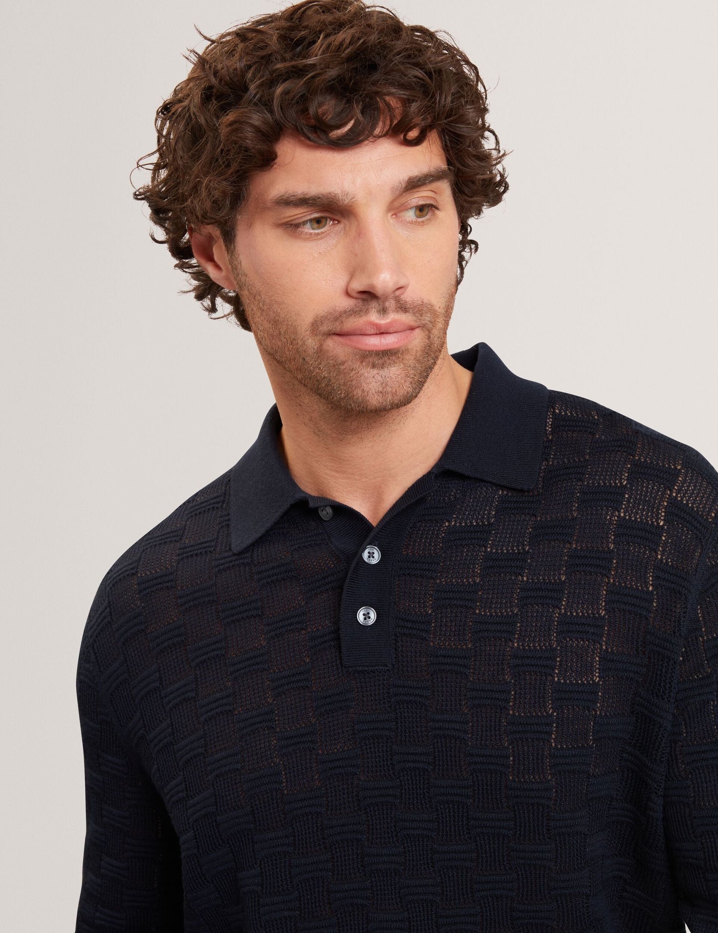 Ted Baker OSAKA Basket Texture Silk Blend Long Sleeve Polo NAVY