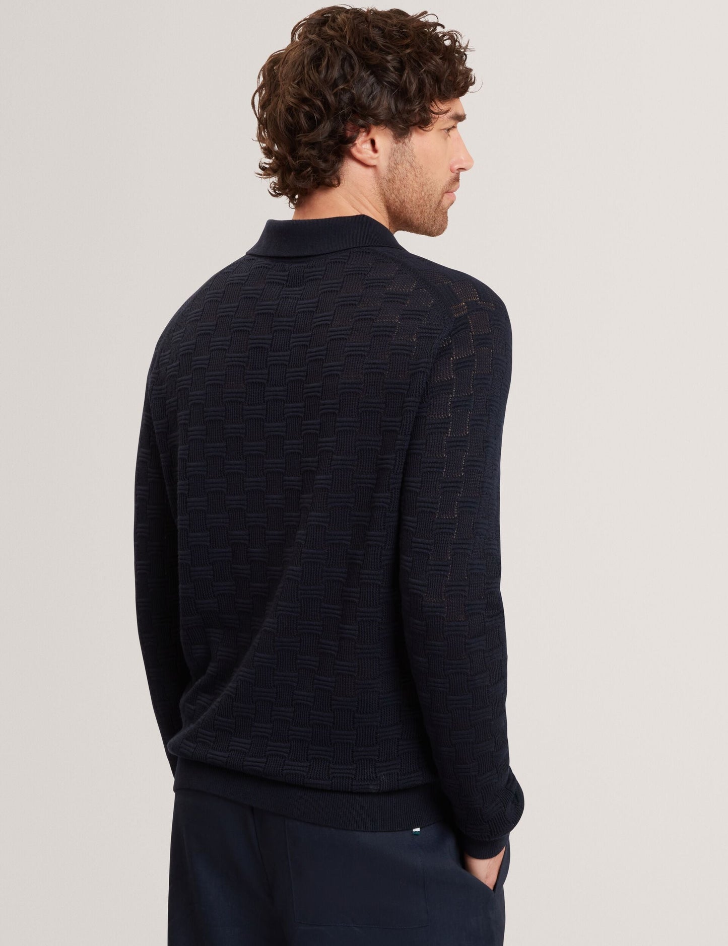 Ted Baker OSAKA Basket Texture Silk Blend Long Sleeve Polo NAVY