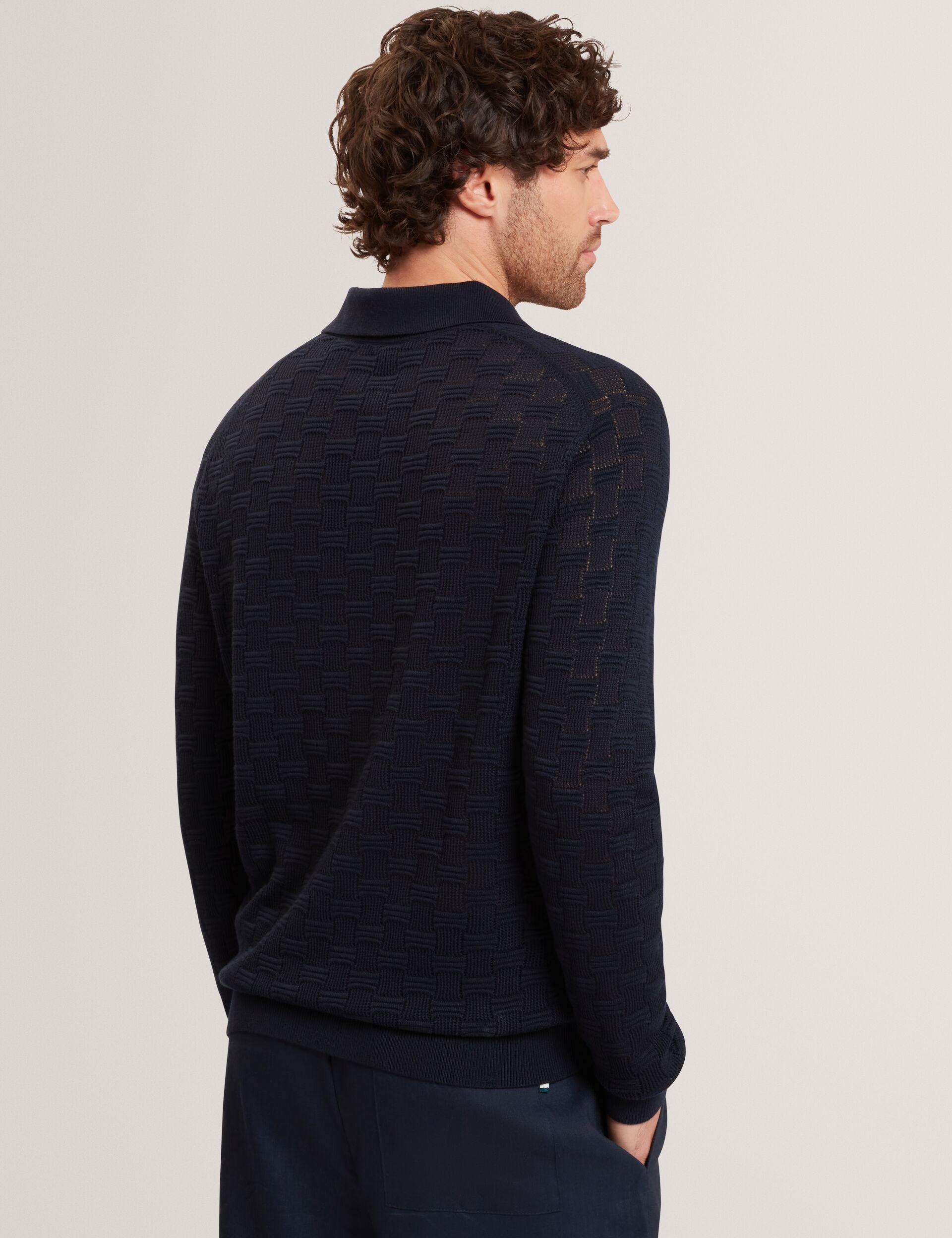 Ted Baker OSAKA Basket Texture Silk Blend Long Sleeve Polo NAVY