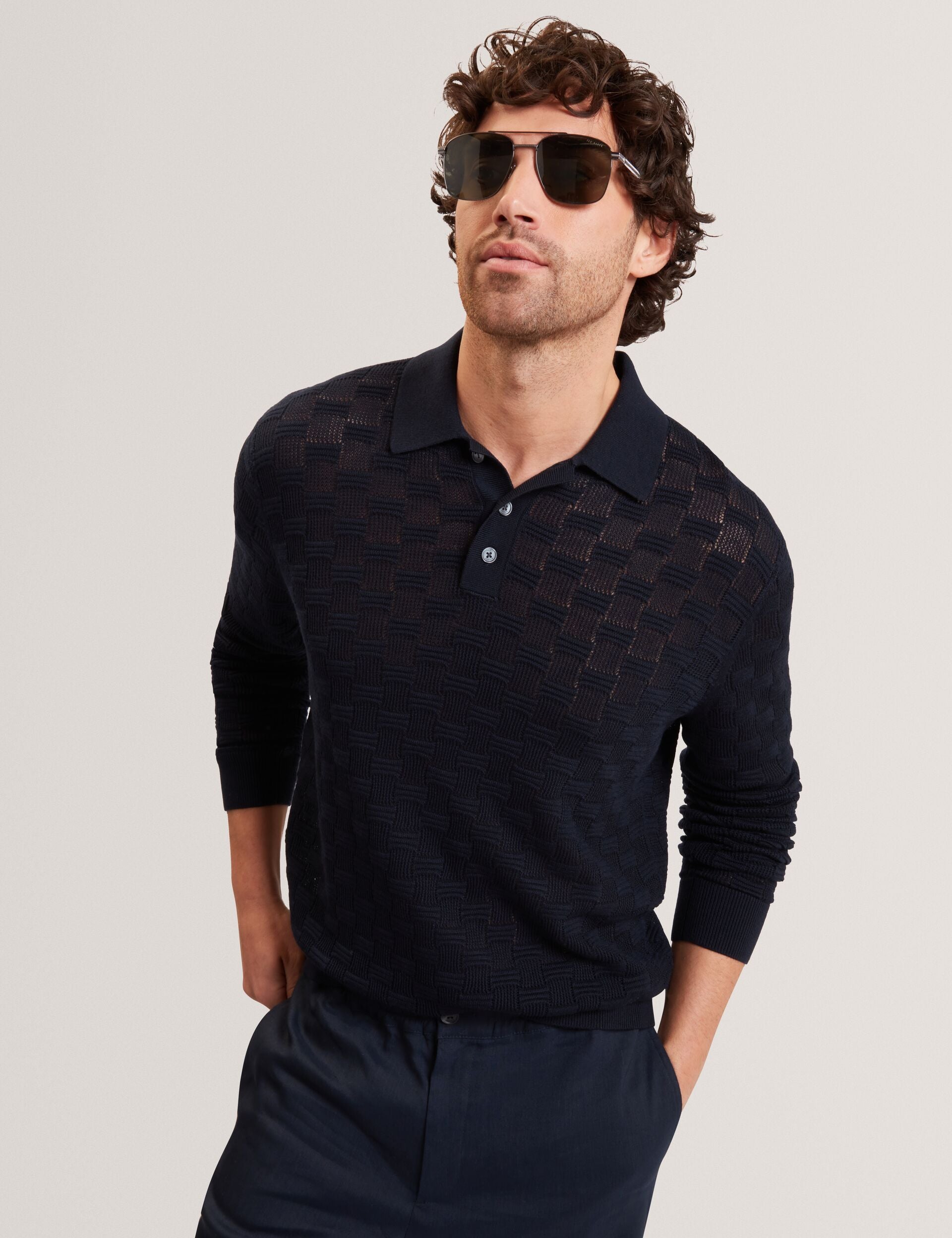 Ted Baker OSAKA Basket Texture Silk Blend Long Sleeve Polo NAVY