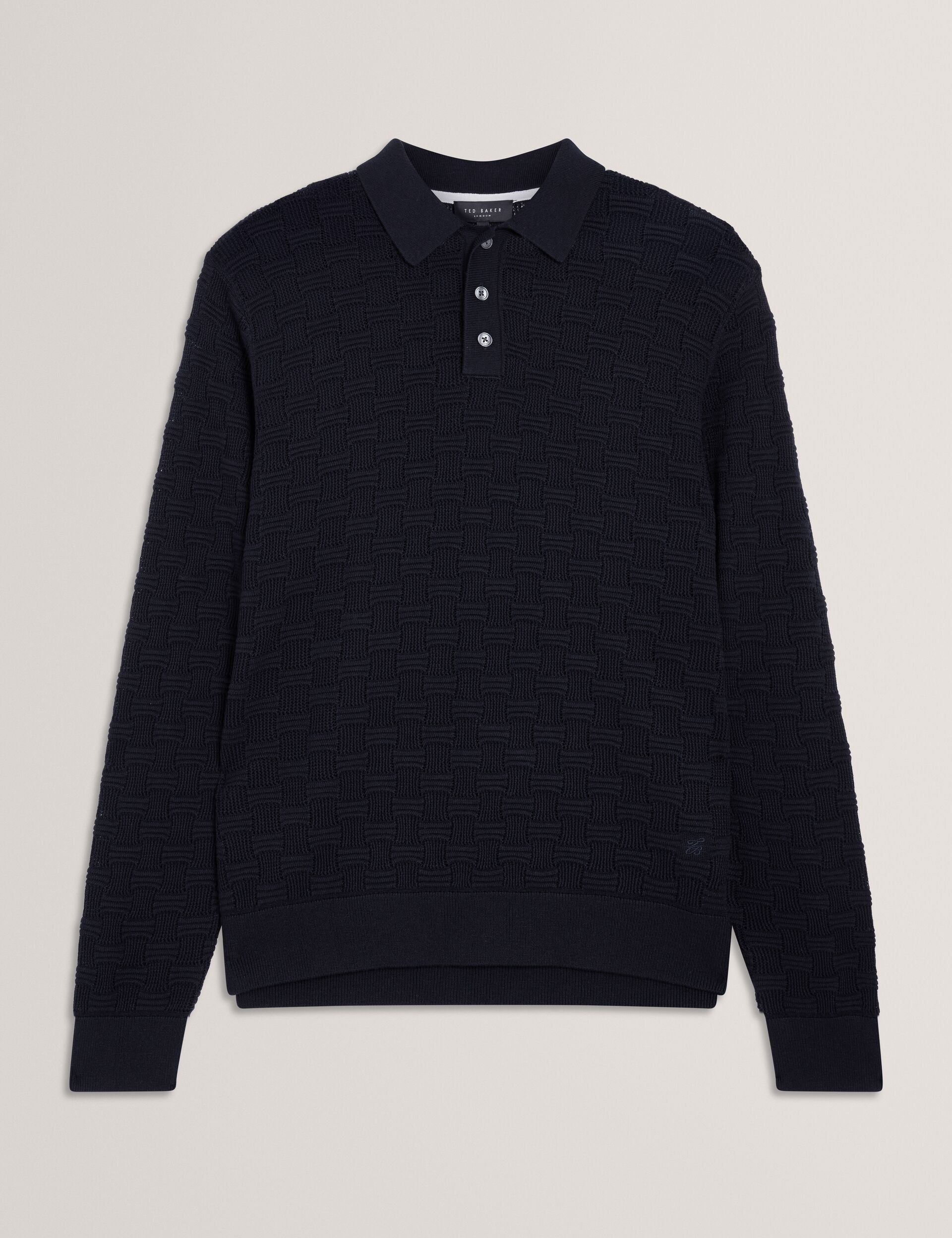 Ted Baker OSAKA Basket Texture Silk Blend Long Sleeve Polo NAVY