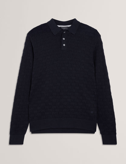 Ted Baker OSAKA Basket Texture Silk Blend Long Sleeve Polo NAVY