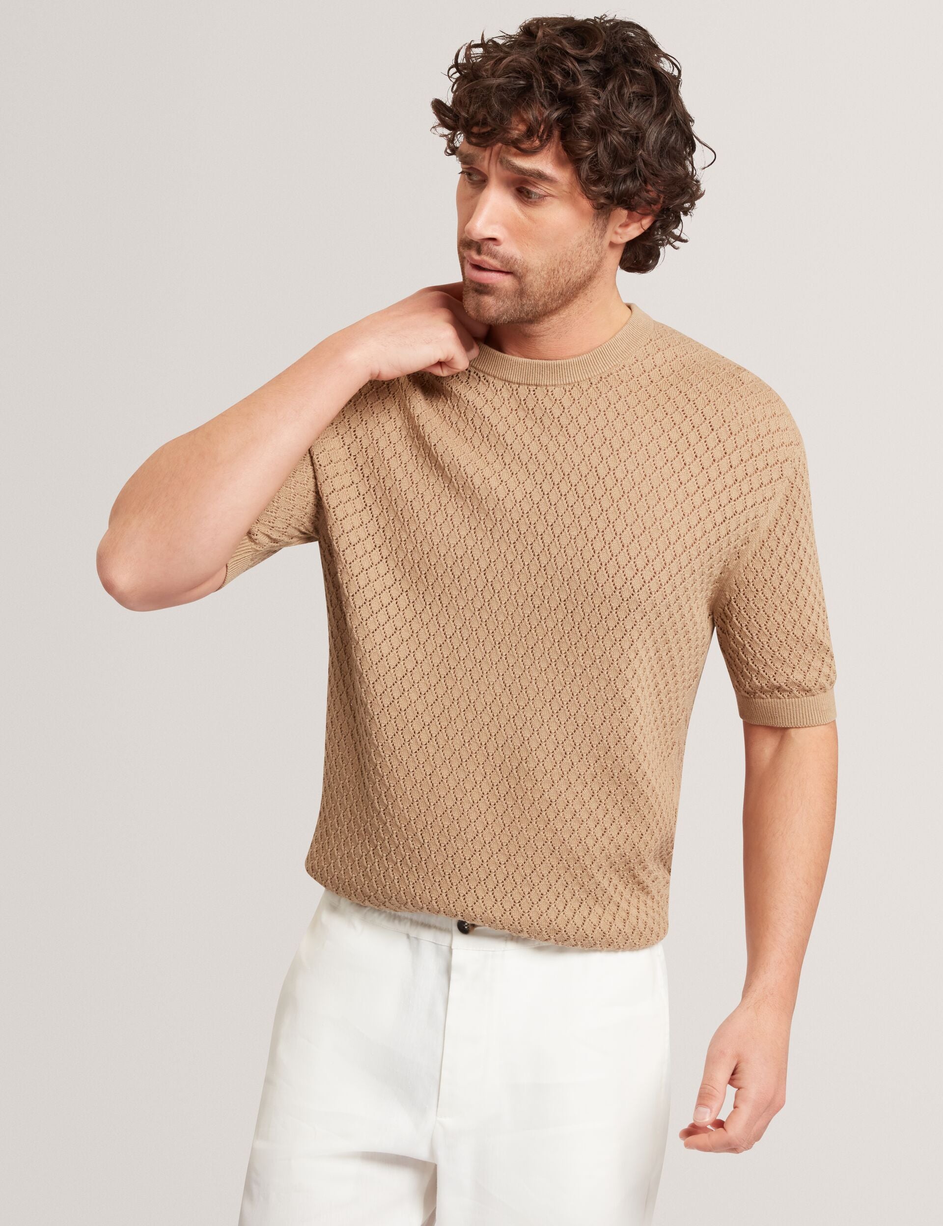 Ted Baker FERRISS Diamond Crochet Knit Cotton T-Shirt LIGHT BROWN