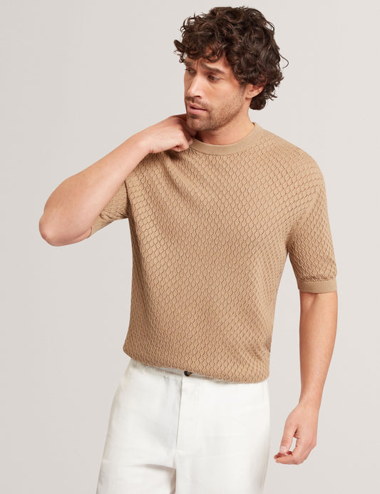 Ted Baker FERRISS Diamond Crochet Knit Cotton T-Shirt LIGHT BROWN