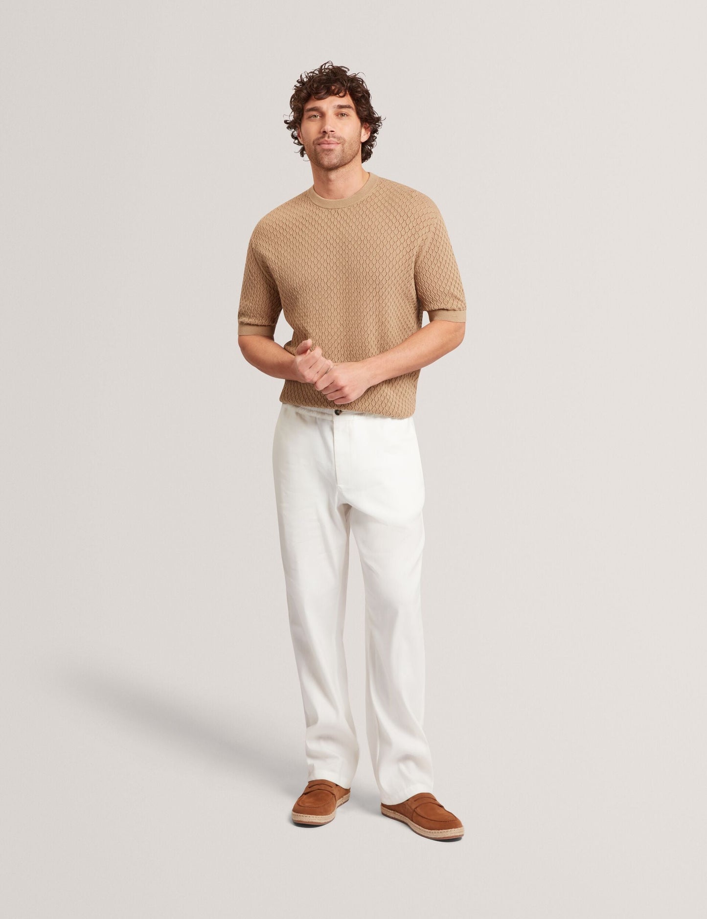 Ted Baker FERRISS Diamond Crochet Knit Cotton T-Shirt LIGHT BROWN