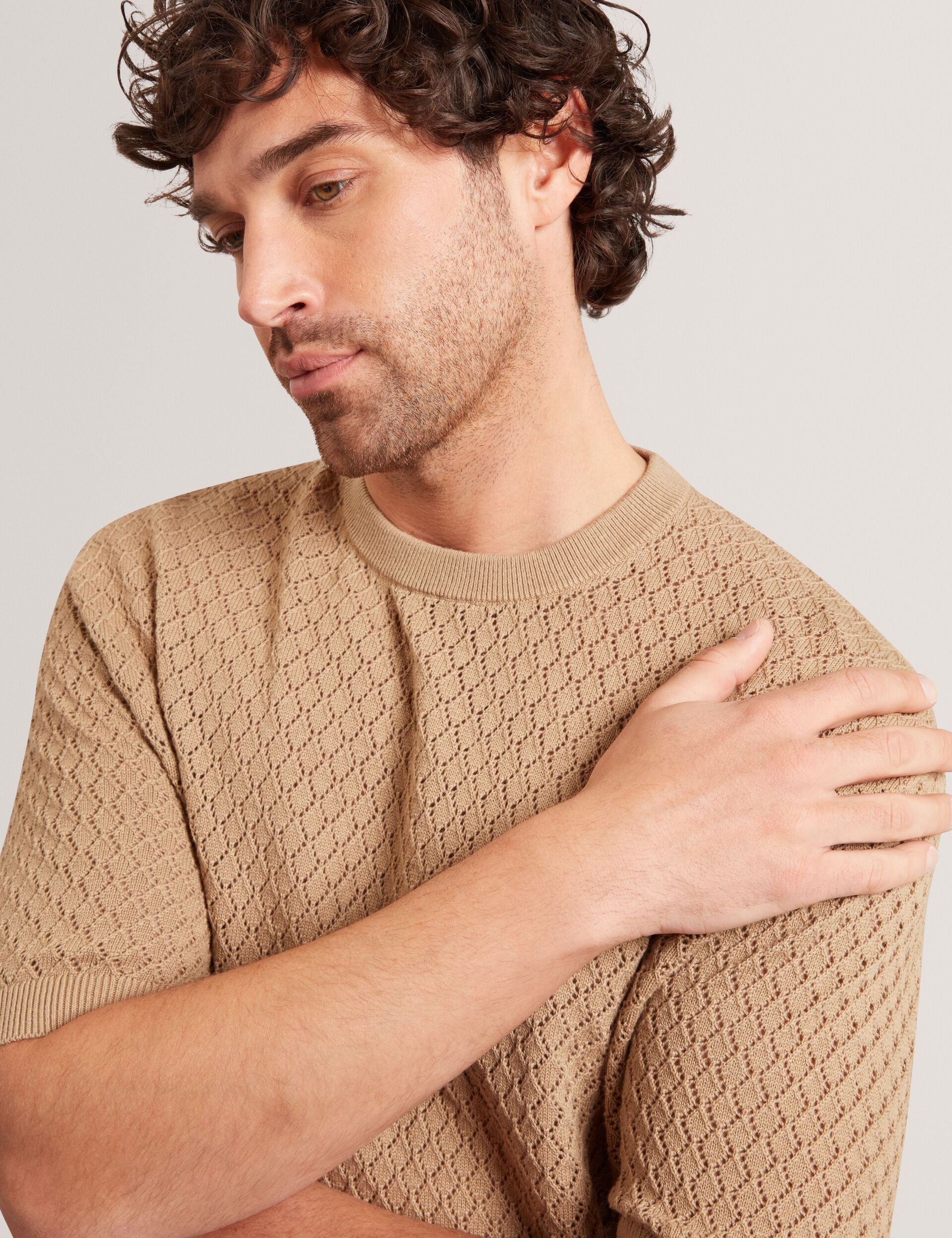 Ted Baker FERRISS Diamond Crochet Knit Cotton T-Shirt LIGHT BROWN