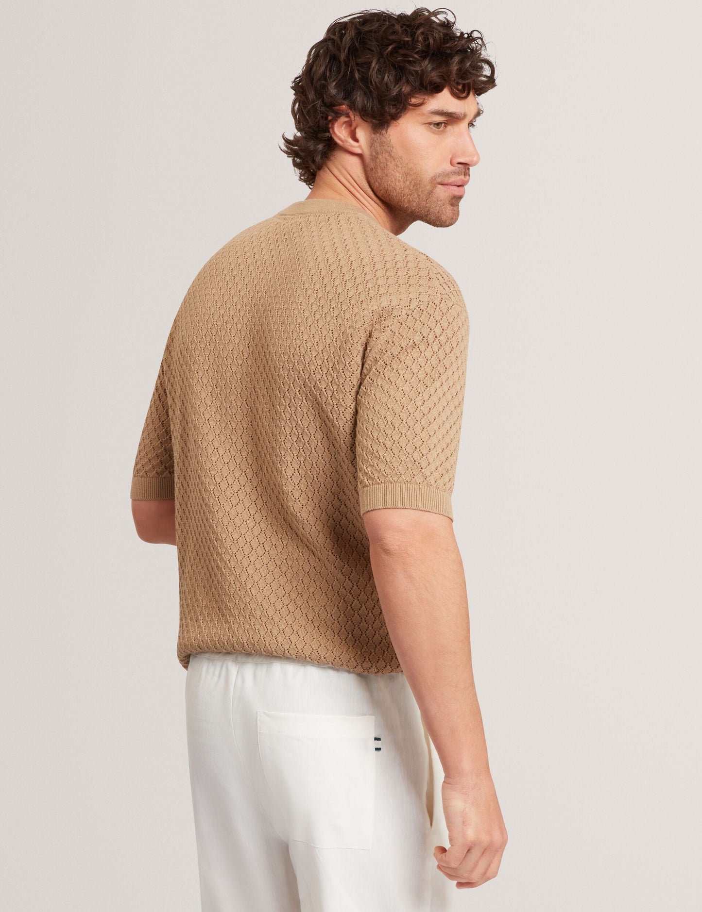 Ted Baker FERRISS Diamond Crochet Knit Cotton T-Shirt LIGHT BROWN