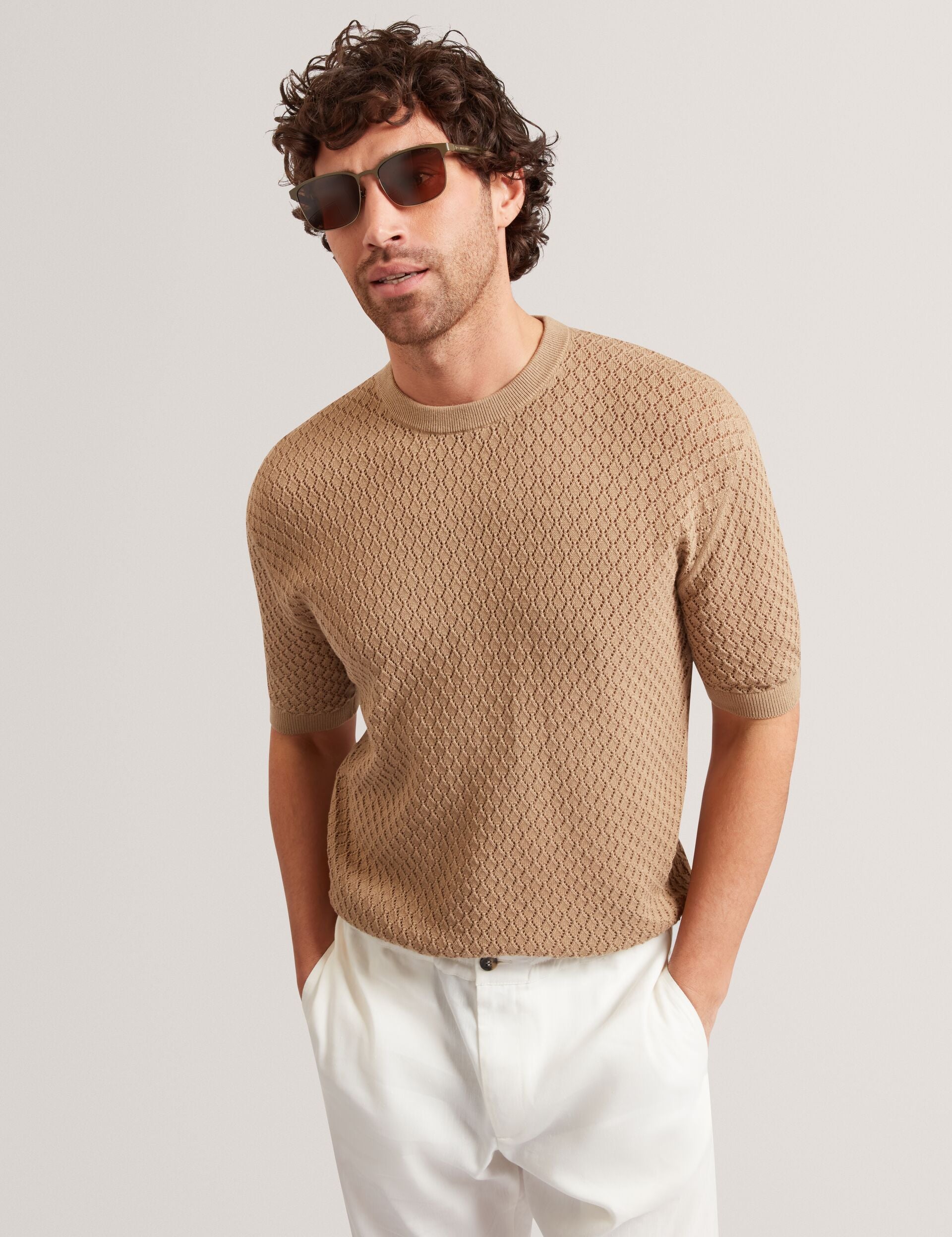Ted Baker FERRISS Diamond Crochet Knit Cotton T-Shirt LIGHT BROWN