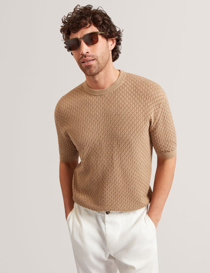 Ted Baker FERRISS Diamond Crochet Knit Cotton T-Shirt LIGHT BROWN