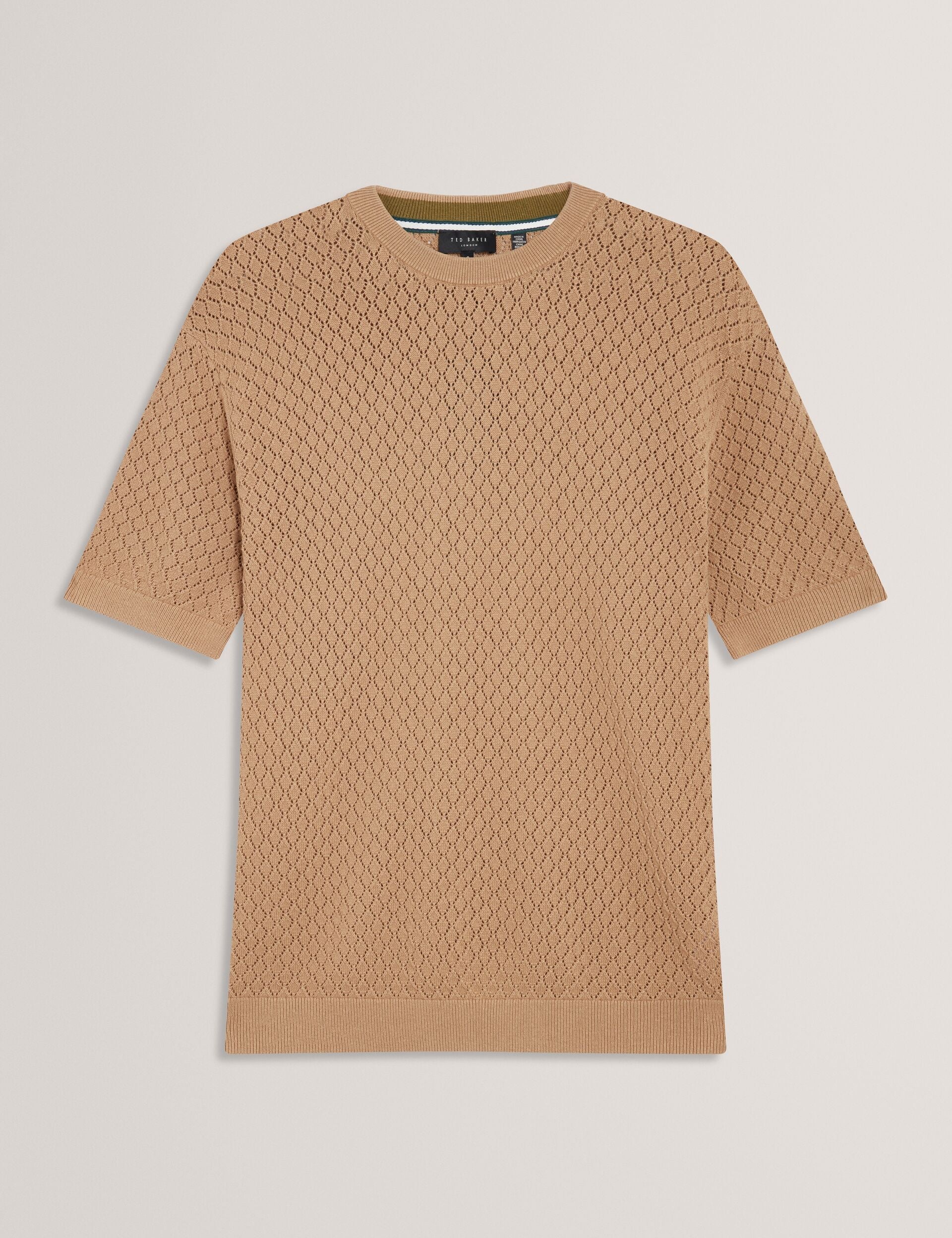 Ted Baker FERRISS Diamond Crochet Knit Cotton T-Shirt LIGHT BROWN