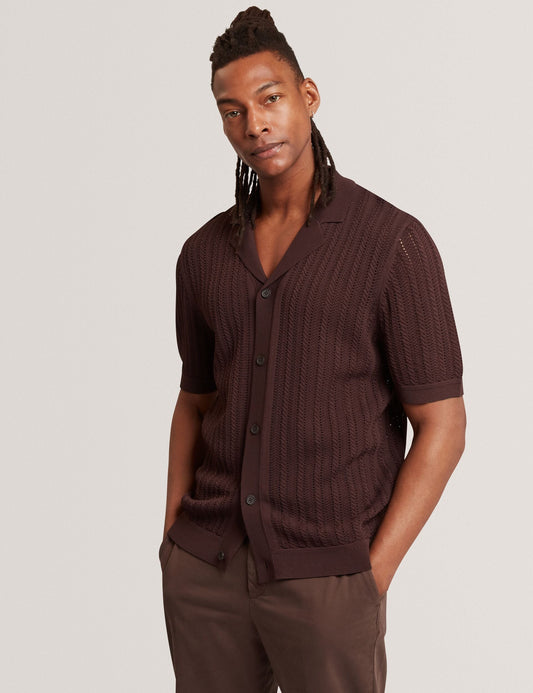 Ted Baker LOUND Textured Stripe Knit Short Sleeve Shirt BROWN