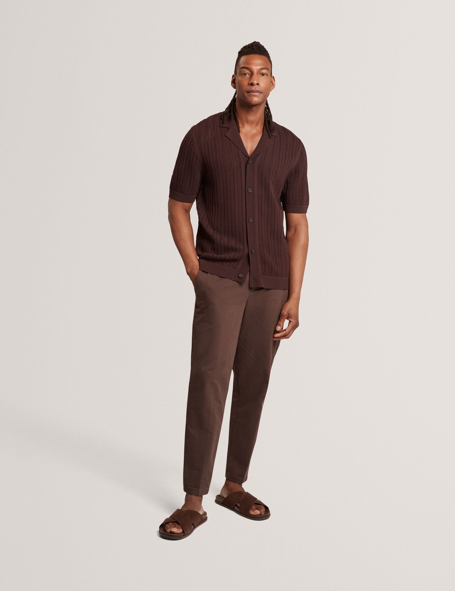 Ted Baker LOUND Textured Stripe Knit Short Sleeve Shirt BROWN