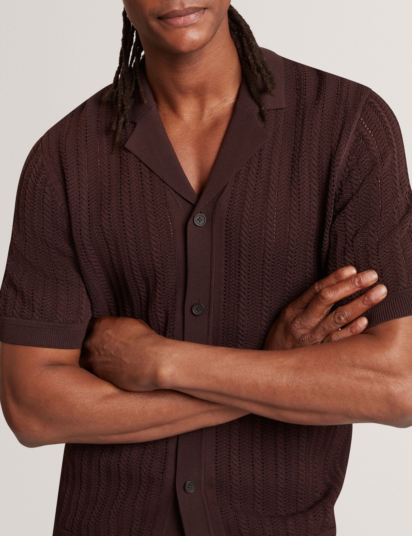 Ted Baker LOUND Textured Stripe Knit Short Sleeve Shirt BROWN