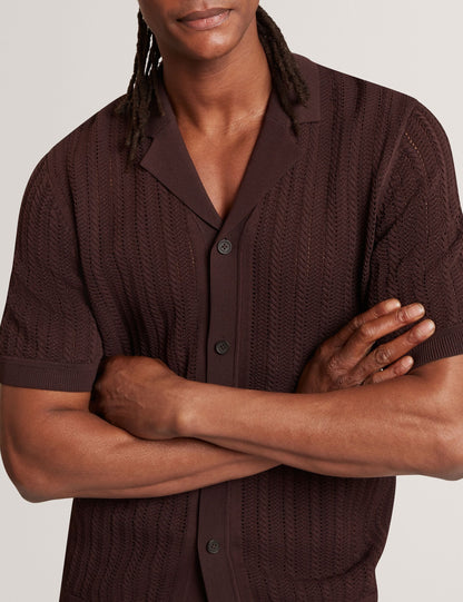 Ted Baker LOUND Textured Stripe Knit Short Sleeve Shirt BROWN
