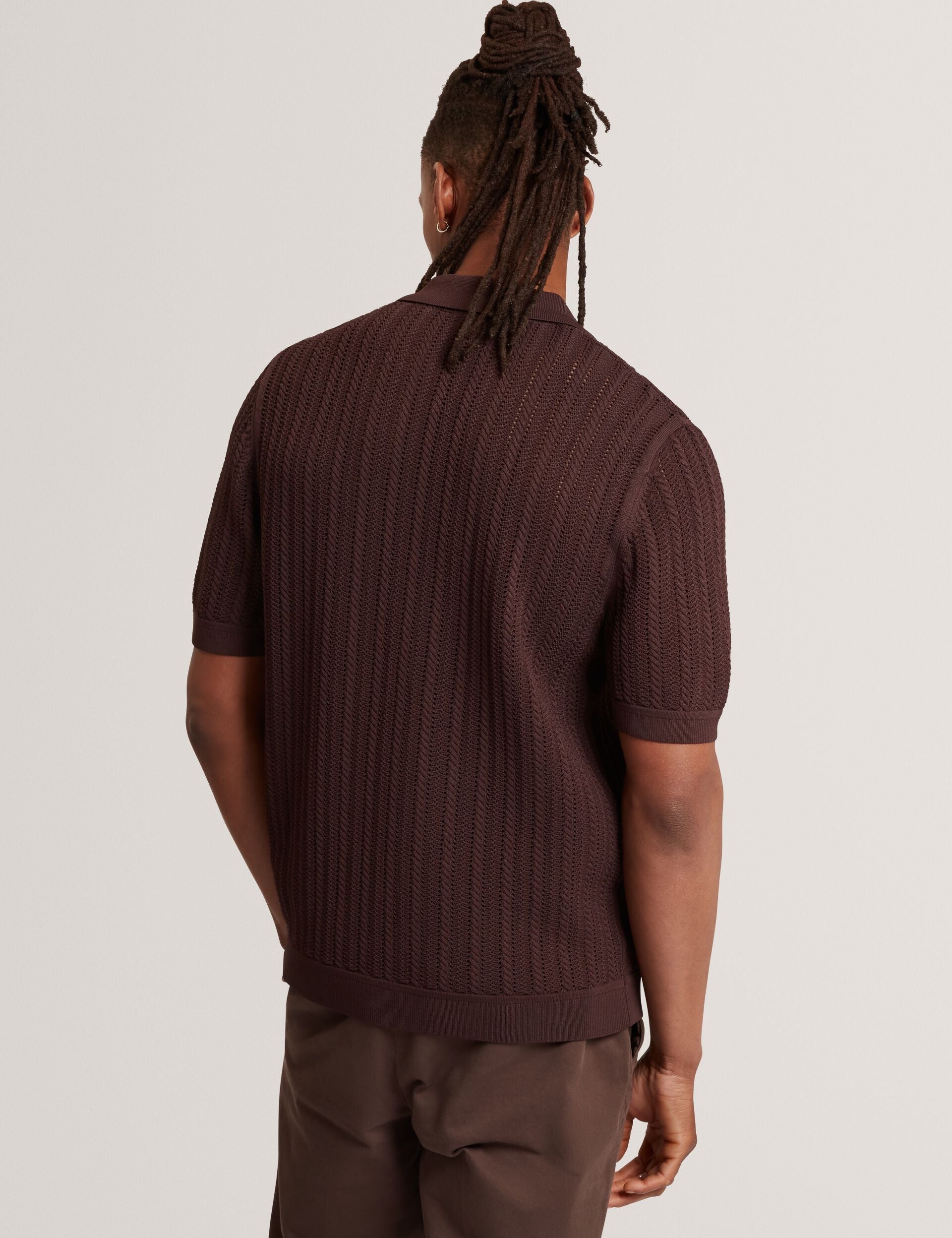 Ted Baker LOUND Textured Stripe Knit Short Sleeve Shirt BROWN