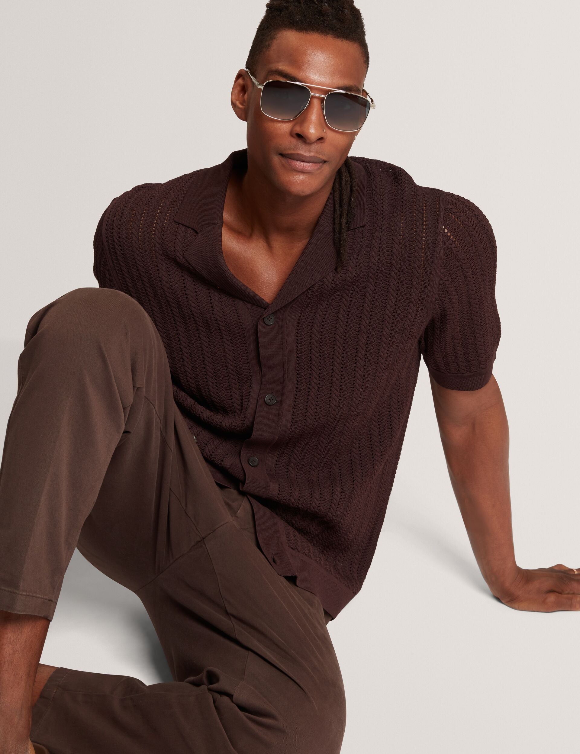 Ted Baker LOUND Textured Stripe Knit Short Sleeve Shirt BROWN