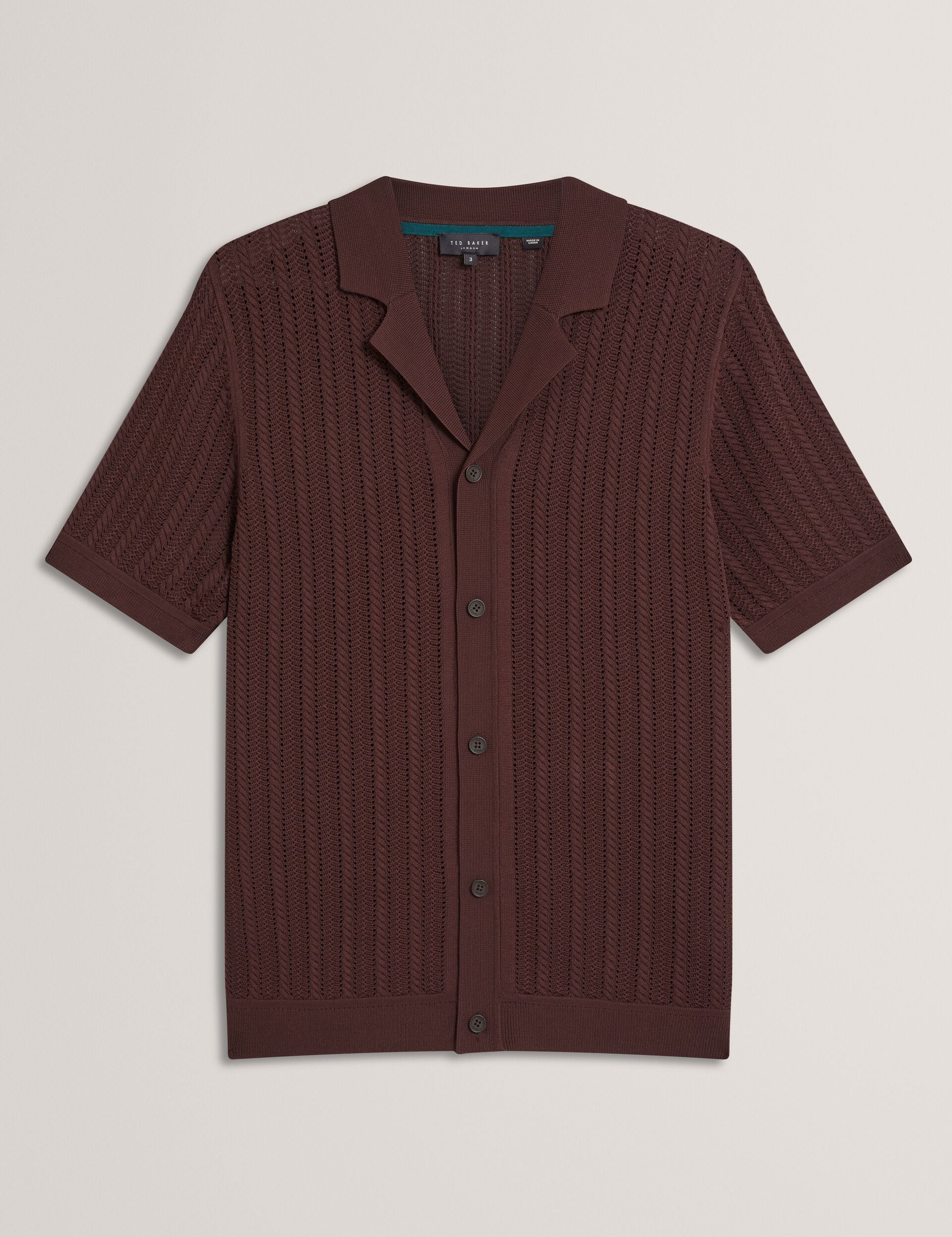 Ted Baker LOUND Textured Stripe Knit Short Sleeve Shirt BROWN