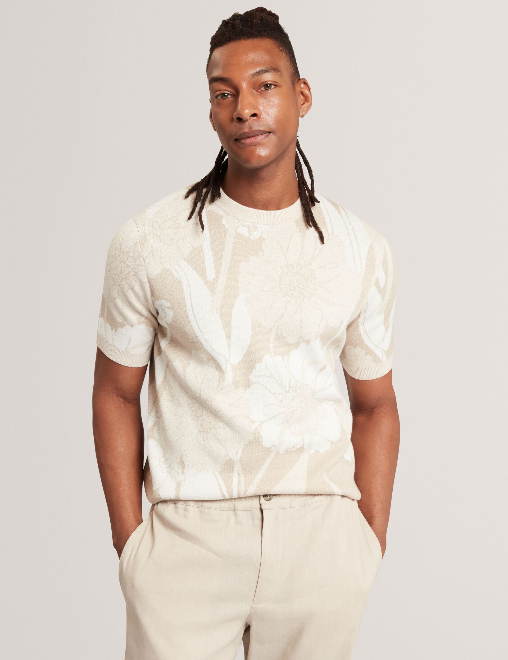 Ted Baker BARYN Jacquard Botanical Wool Blend T-Shirt TAUPE