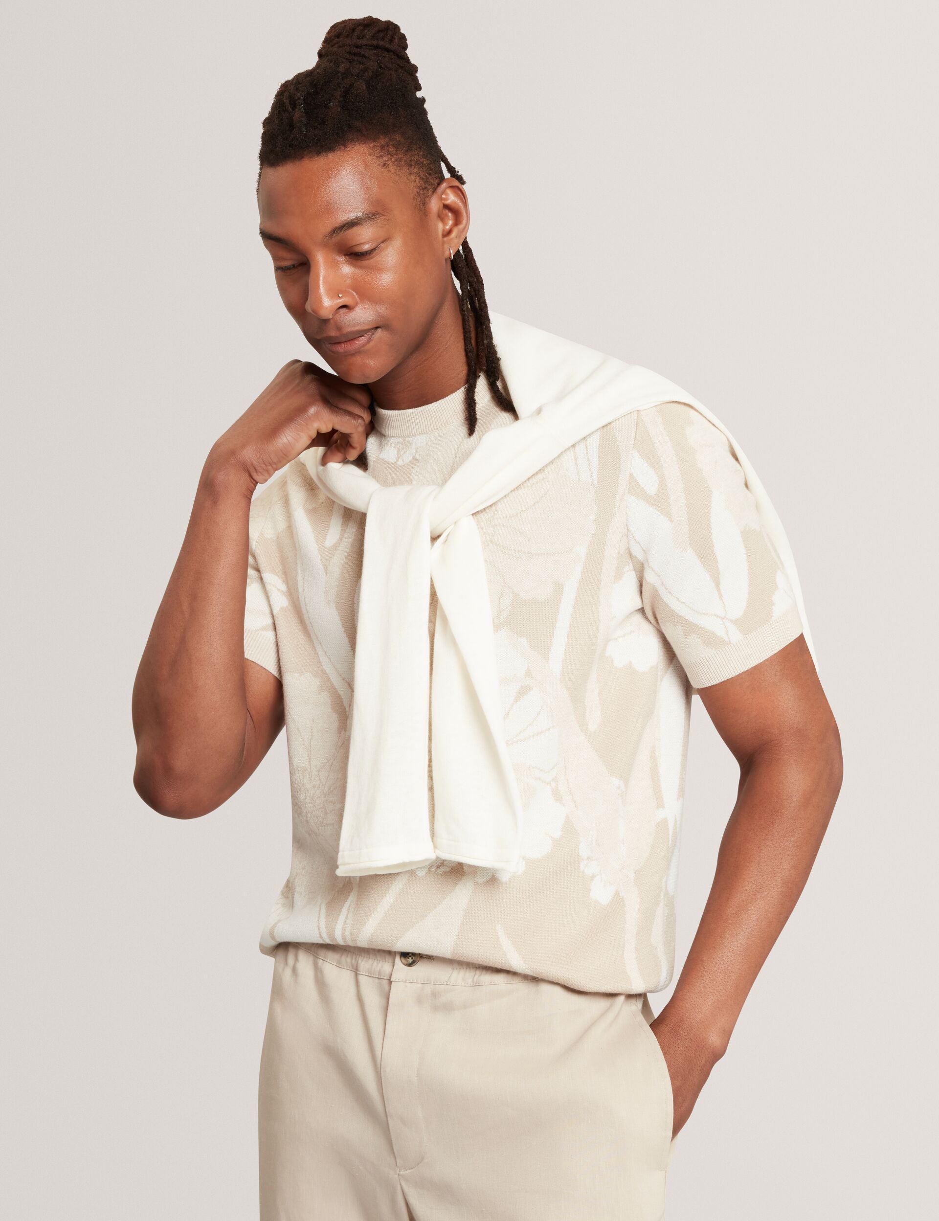 Ted Baker BARYN Jacquard Botanical Wool Blend T-Shirt TAUPE