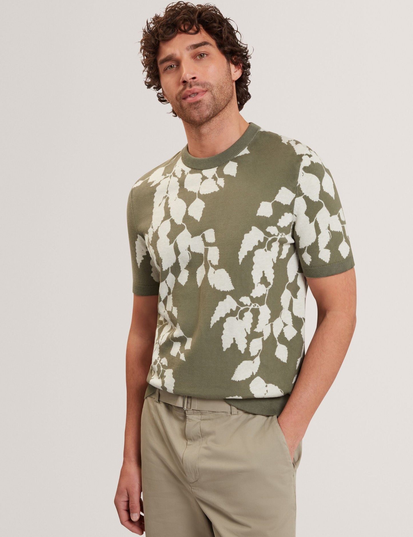 Ted Baker ALDDAT Foliage Print Cotton Fine Knit T-Shirt PALE GREEN